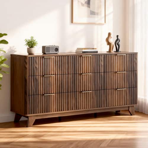 Winado - 57"L Fluted Chest of Dresser Drawers with 9 Drawers Wide Boho Wood Chest of Drawers Organizer for Living Room Bedroom - Walnut