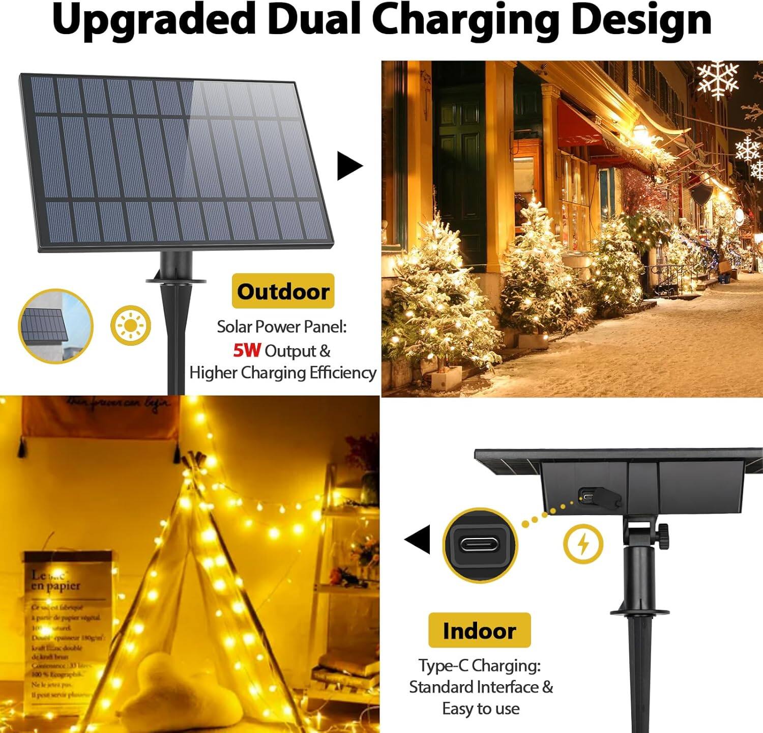 Upgraded Dual Charging Design

Outdoor
Solar Power Panel: 5W Output & Higher Charging Efficiency

Indoor
Type-C Charging: Standard Interface & Easy to use