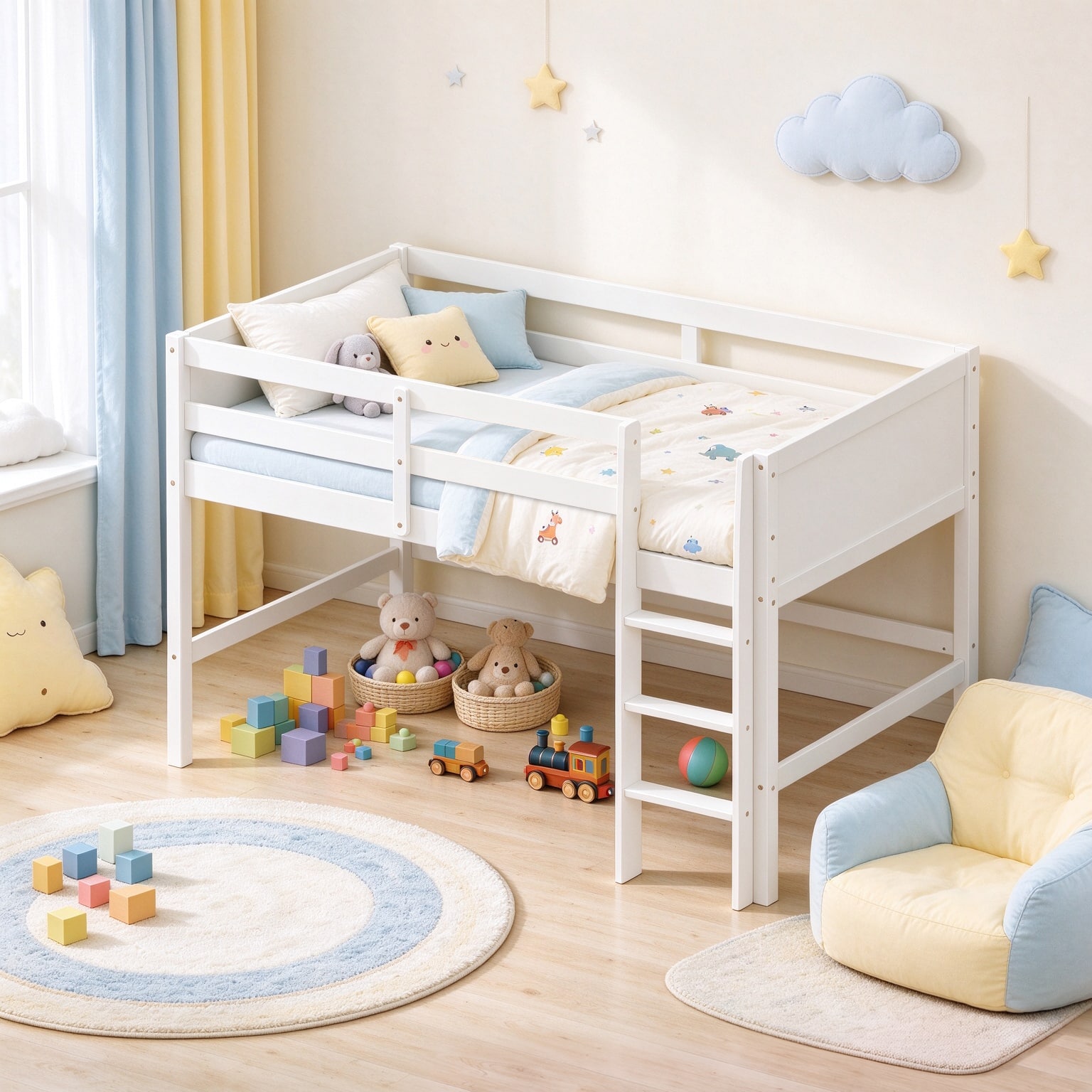 Costway - Twin Loft Bed with Tower & Tent 3 Storage Pockets Safety Guardrail and Ladder - Navy,White