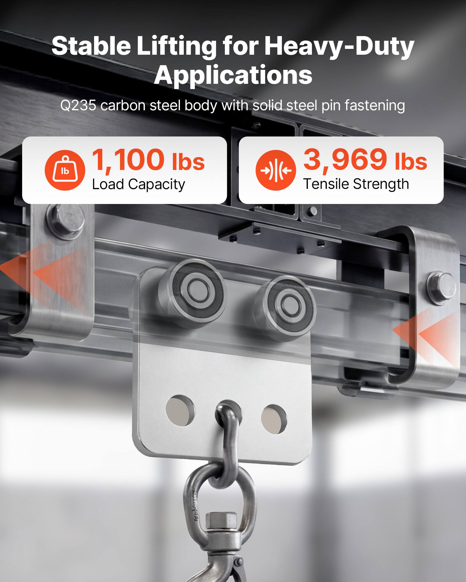 Stable Lifting for Heavy-Duty Applications  
Q235 carbon steel body with solid steel pin fastening  
1,100 lbs Load Capacity  
3,969 lbs Tensile Strength
