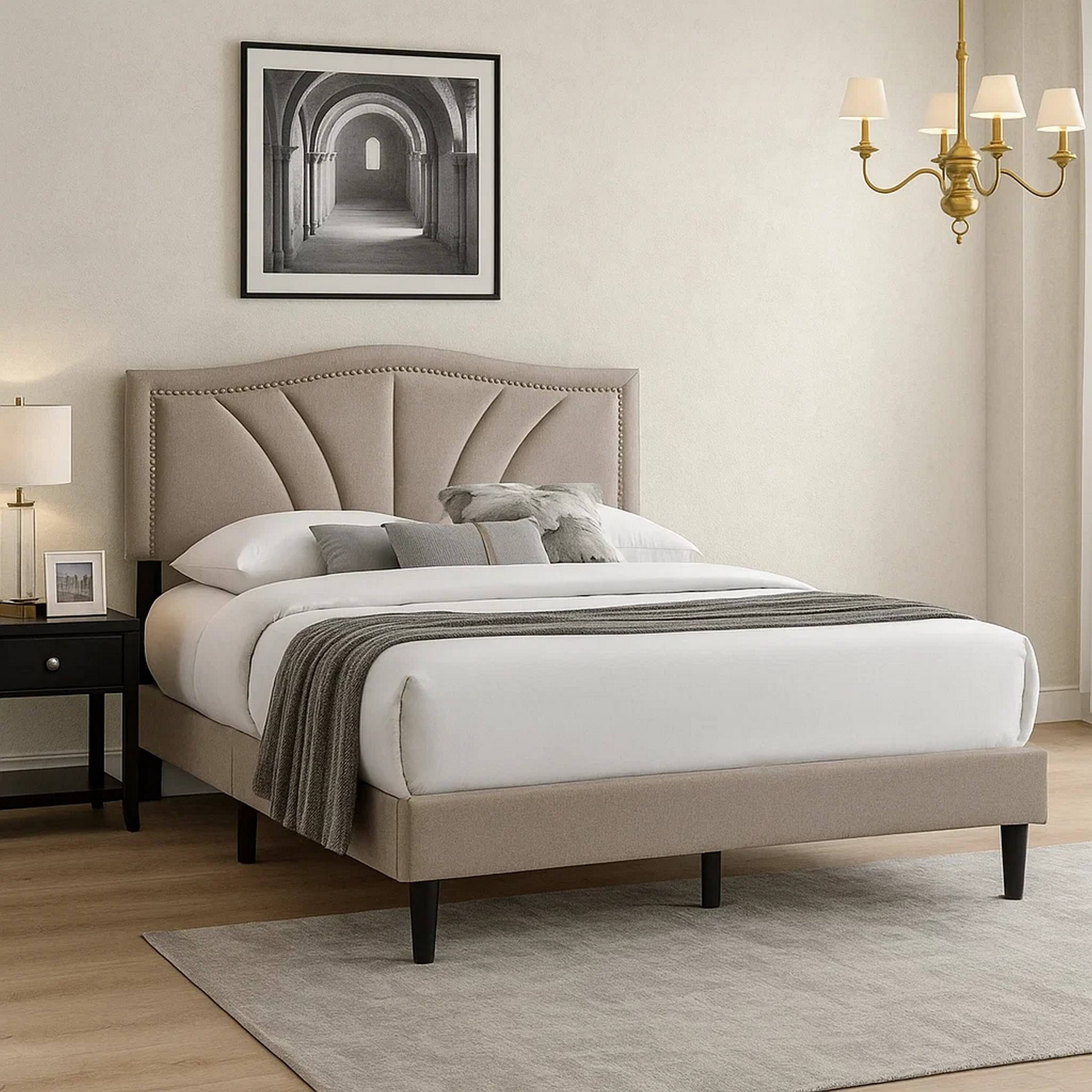 Alt View 5. Manhattan Lane - Carie Full Bed, Light Brown Burlap Upholstery, Padded Headboard - Light Brown, Black.