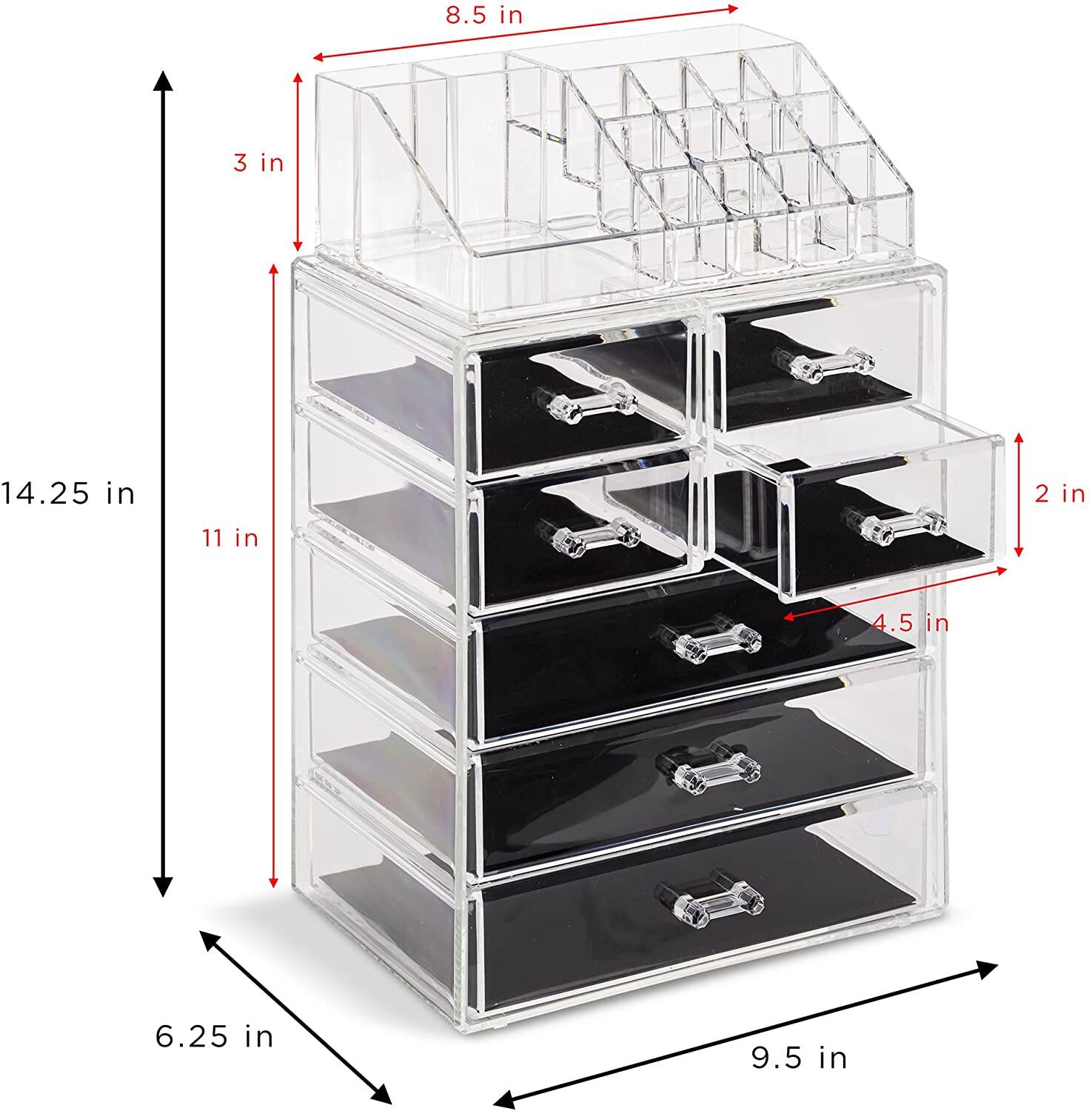 - Height: 14.25 in
- Width: 9.5 in
- Depth: 8.5 in
- Drawer Height: 3 in
- Drawer Width: 4.5 in
- Drawer Depth: 2 in
- Total Height with Drawers: 11 in
- Bottom Shelf Height: 6.25 in