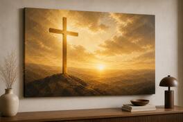 FC Design - Large Golden Color Cross Horizon Canvas 24x36" Ready-to-Hang Religious Art Painting Home Wall Decor - MultiColor