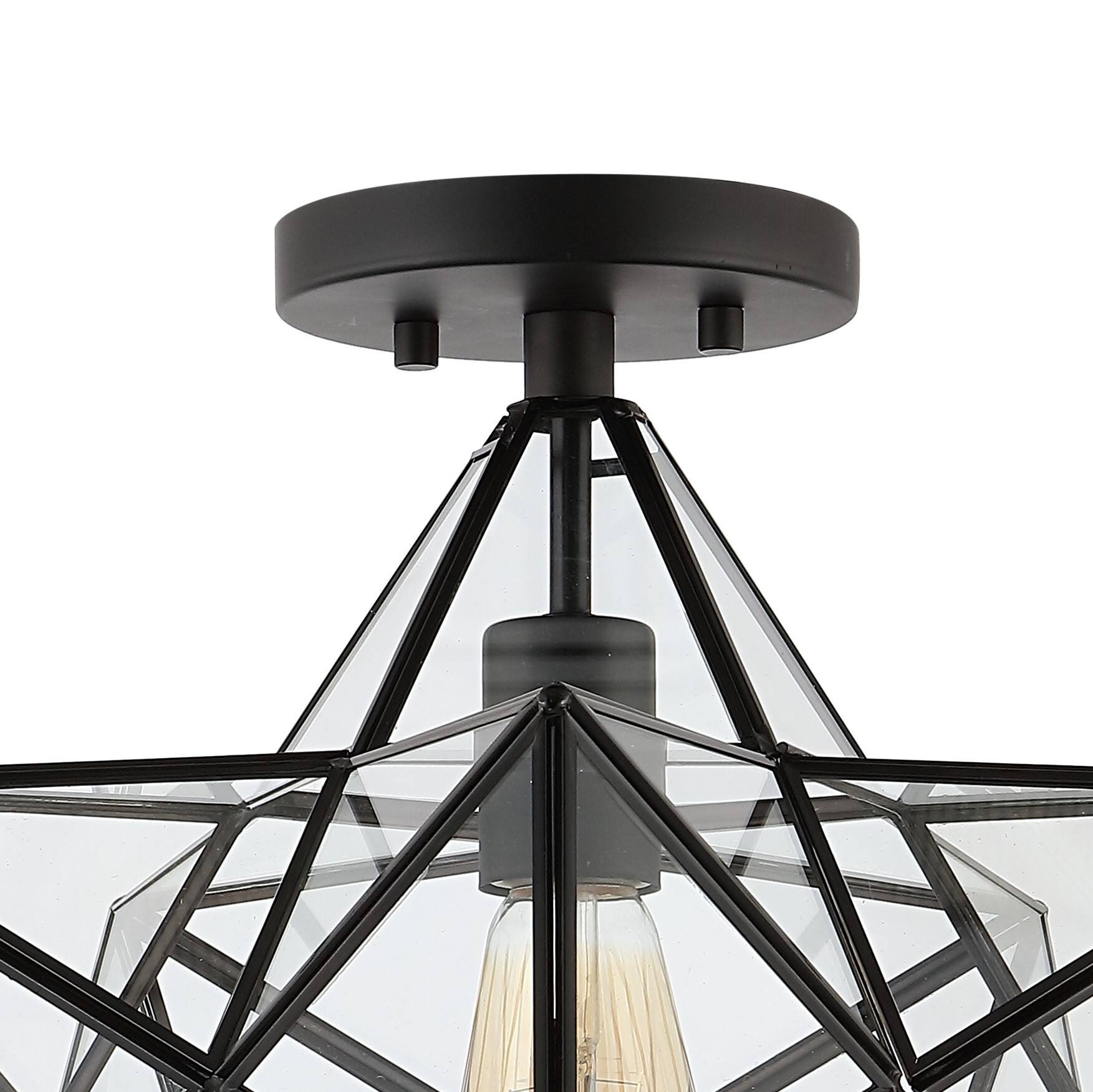 Alt View 4. Jonathan Y - Ava 14.5" 1-Light Farmhouse Bohemian Iron/Glass LED Semi Flush Mount, Black/Clear - Black.