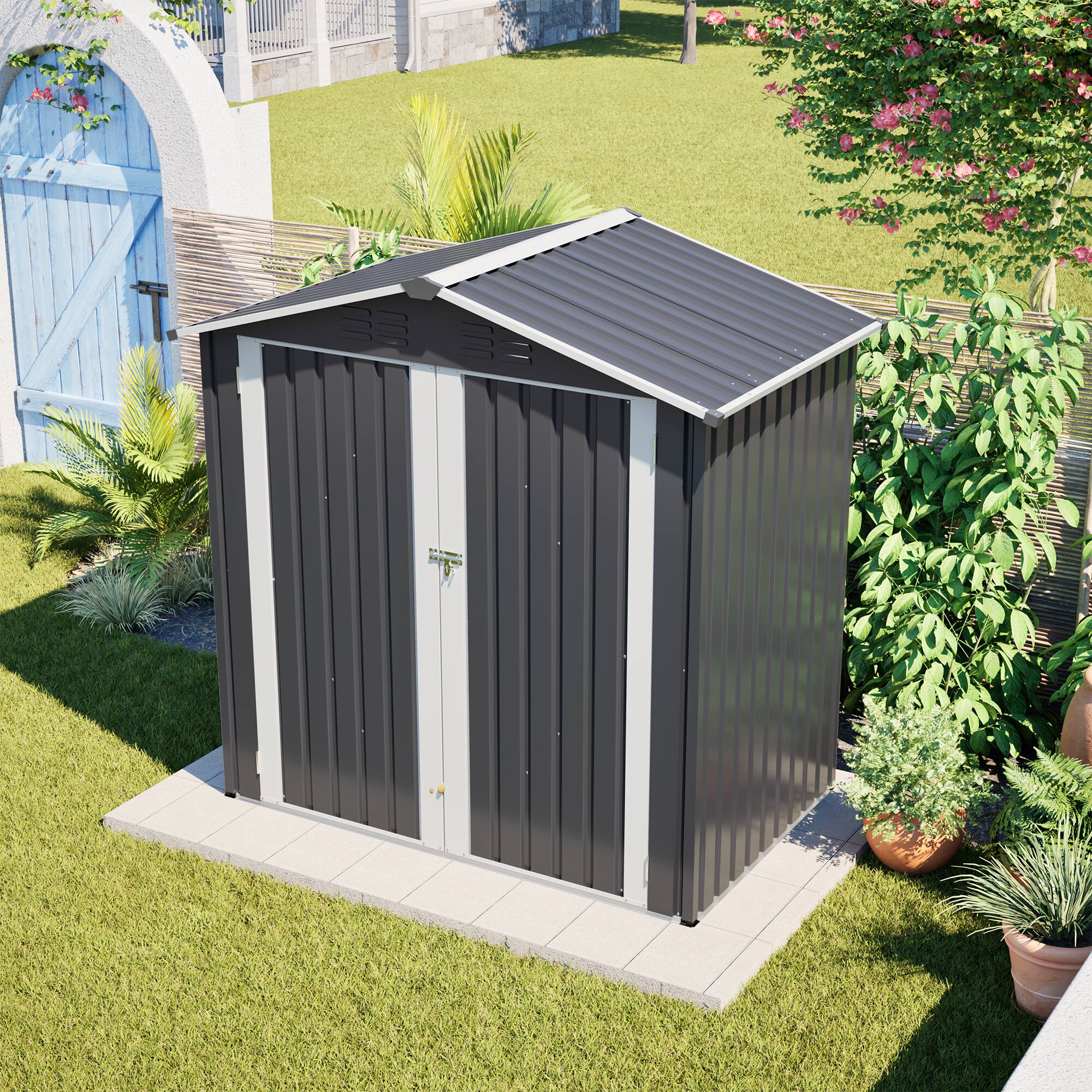 Alt View 5. Loheer - 6'x4' Metal Outdoor Storage Shed with Sloped Roof and Lockable Door - Gray.