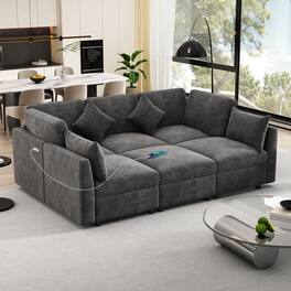 Whisen - Modular U-Shaped Sectional Sofa Bed with a Movable Ottoman and Two USB Ports for Living Room - Black