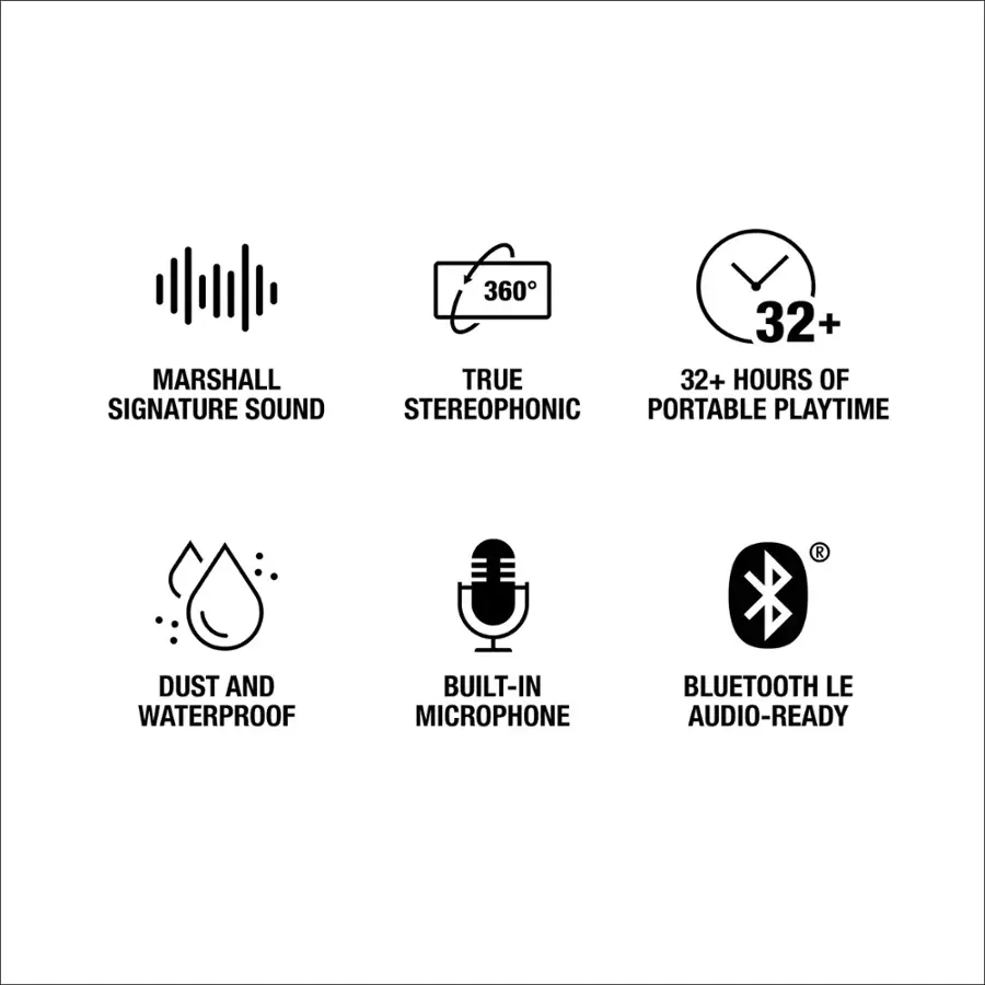 Marshall Signature Sound 360: 32+ hours of stereophonic portable playtime. Dust and waterproof. Built-in microphone. Bluetooth LE. Audio-ready.