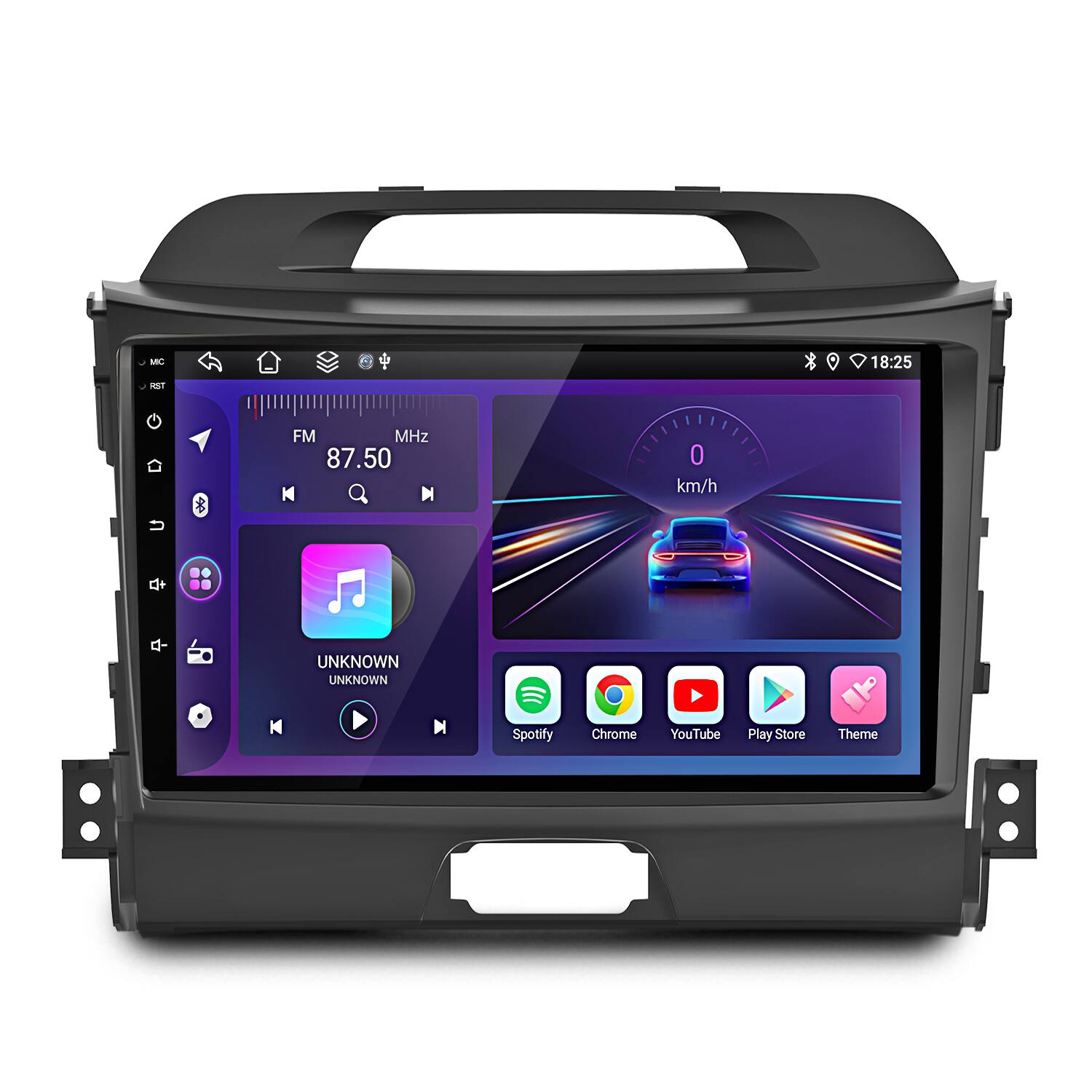 MC 18:25 - ET 8 FM MHz 87.50 H I 0 km/h d- UNKNOWN UNKNOWN K M Spotify Chrome YouTube Play Store Theme