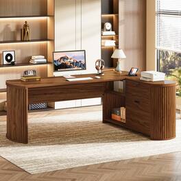 Tribesigns - 79" L Shaped Executive Desk with File Drawers - Brown