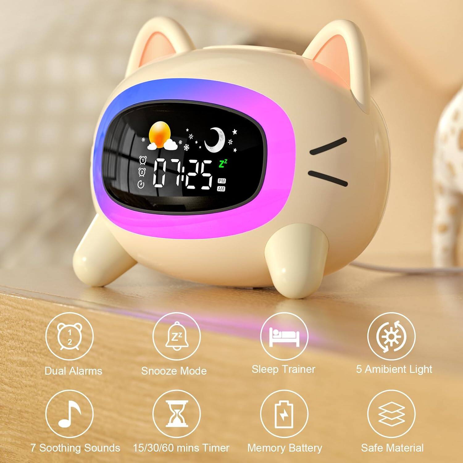 z2 3 0725 PM A 1 2 ZZ Dual Alarms Snooze Mode Sleep Trainer 5 Ambient Light 7 Soothing Sounds 15/30/60 mins Timer Memory Battery Safe Material