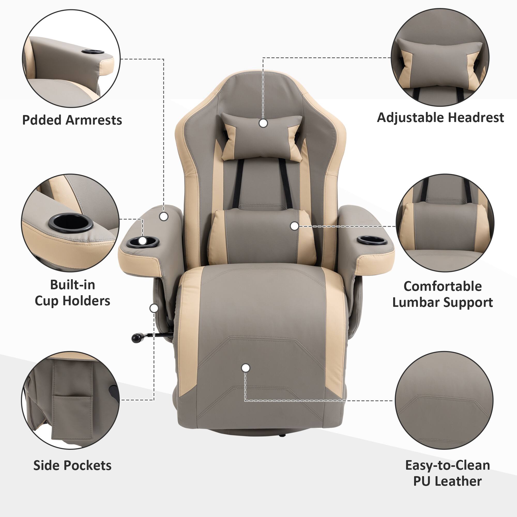 Padded Armrests  
Adjustable Headrest  
Built-in Cup Holders  
Comfortable Lumbar Support  
Side Pockets  
Easy-to-Clean PU Leather