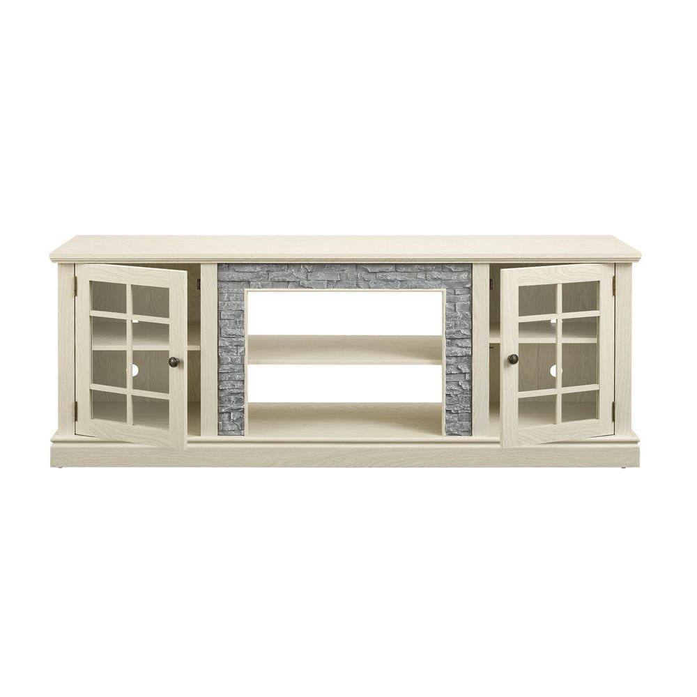 Front. Kadyn - 70-Inch Faux Stone TV Stand with 2 Doors, Large Media Console - White - White.