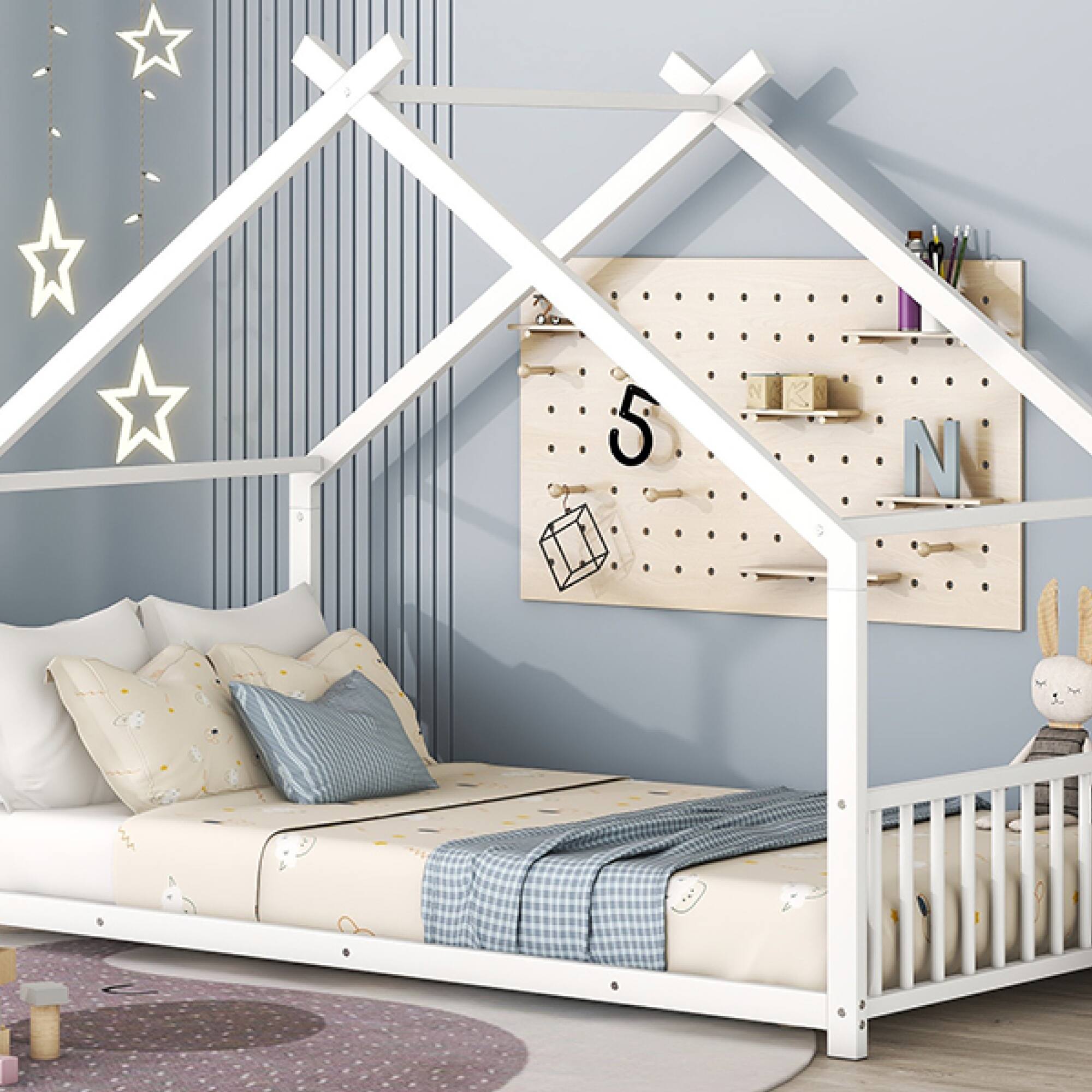 Alt View 6. GOODSILO - Twin Size Metal House Frame Bed with Playful Roof Design for Children's Bedroom and Play Area - White.