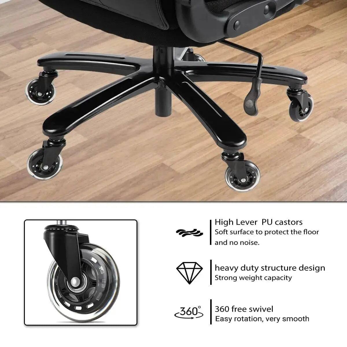 High Lever PU castors  
Soft surface to protect the floor and no noise.  
Heavy duty structure design  
Strong weight capacity  
360° free swivel  
Easy rotation, very smooth