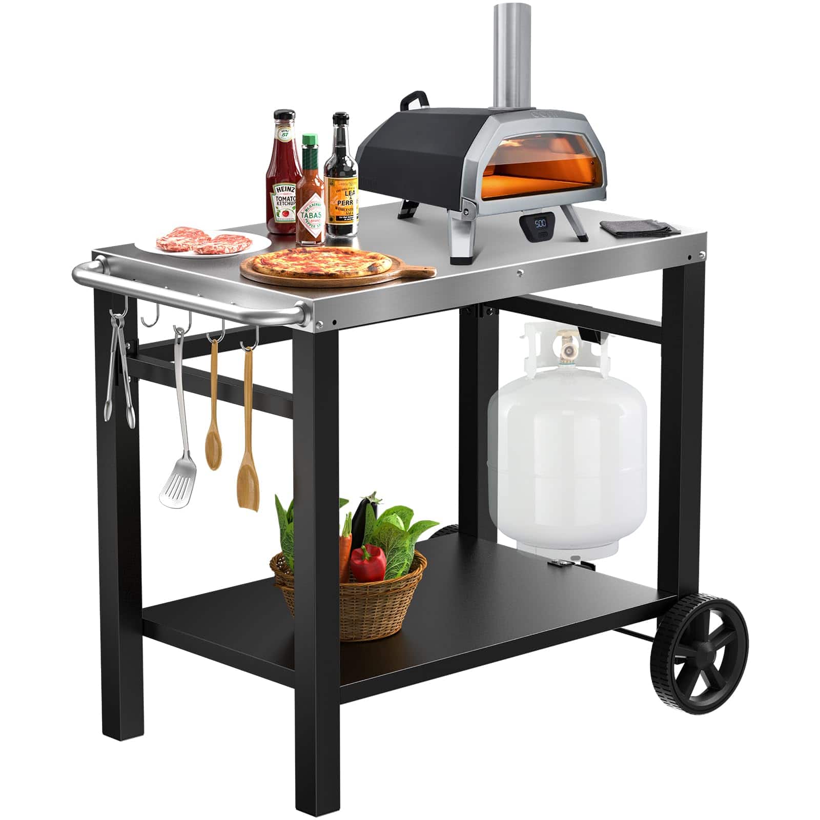 JETRANSPORT - Double-shelves Stainless Steel Flattop Grill Cart Movable Kitchen Indoor Outdoor Cooking Station Fits Ninja - 36 75"