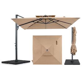 Gymax - Cantilever Umbrella w/220 LBS BaseLarge Offset Hanging Umbrella w/360-Degree Rotation Tan - Brown