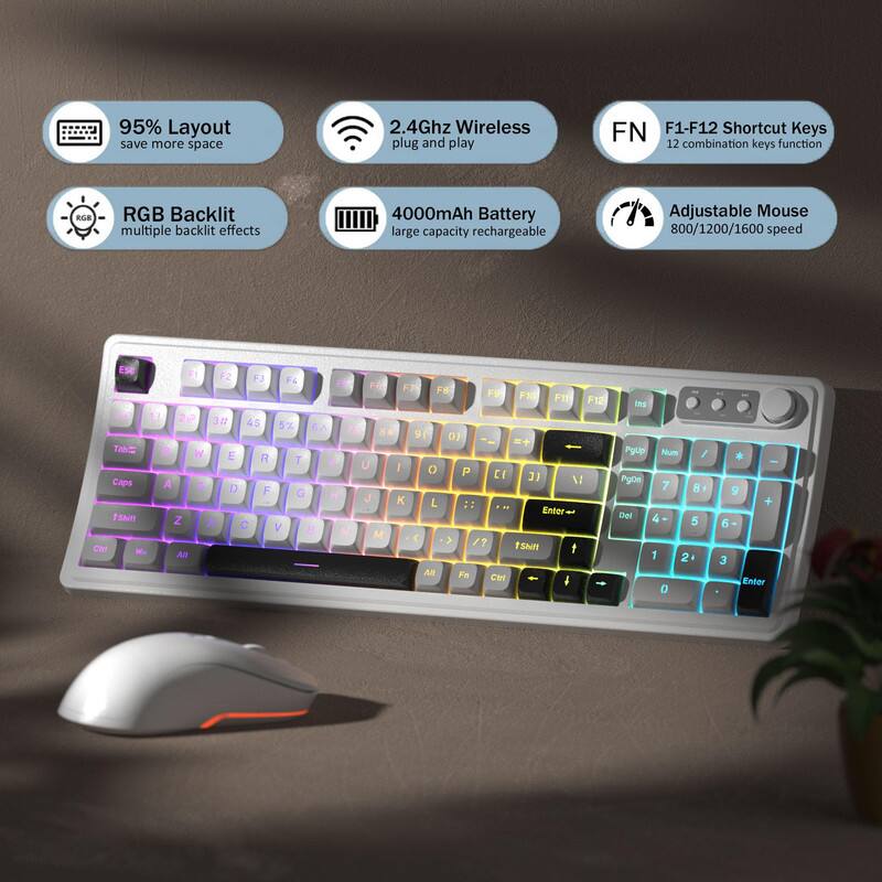 95% Layout save more space  
2.4Ghz Wireless plug and play  
FN F1-F12 Shortcut Keys 12 combination keys function  
RGB Backlit multiple backlit effects  
4000mAh Battery large capacity rechargeable  
Adjustable Mouse 800/1200/1600 speed  

Esc F1 F2 F3 F4 F5 F6 F7 F8 F9 F10 F11 F12  
1 2 3 4 5 6 7 8 9 0 - = Delete  
Tab Q W E R T Y U I O P [ ] \  
Caps A S D F G H J K L ; ' Enter  
Shift Z X C V B N M , . / Shift  
Fn Ctrl Alt Spacebar Alt Ctrl  
PgUp Num 7 8 9 - 4 5 6 + 1 2 3 0 . Enter  
Ins Home End PgDn