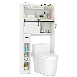 Gymax - Over The Toilet Storage Cabinet w/ Sliding Barn Door Adjustable Shelves 2 Hooks - White