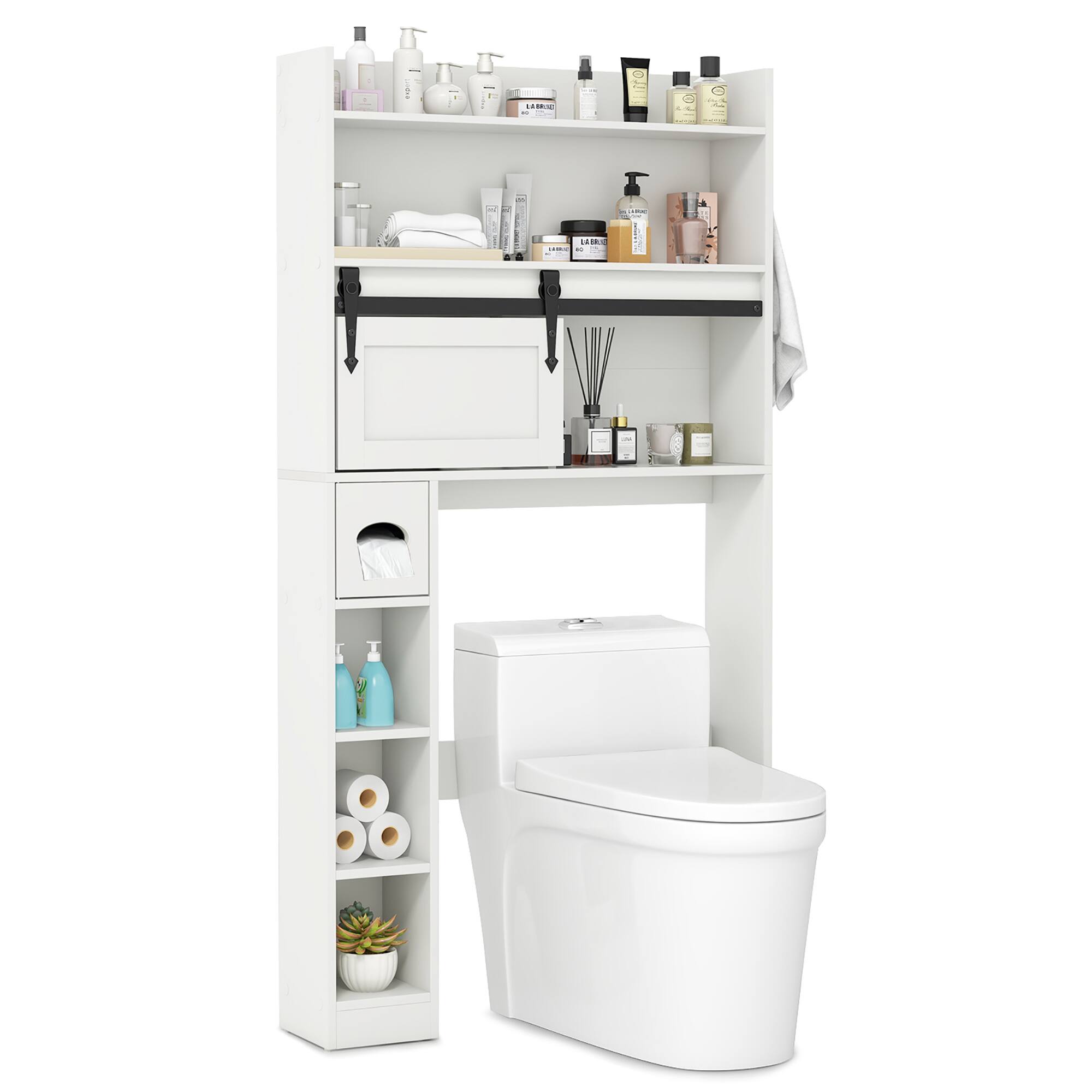 Gymax - Over The Toilet Storage Cabinet w/ Sliding Barn Door Adjustable Shelves 2 Hooks - White