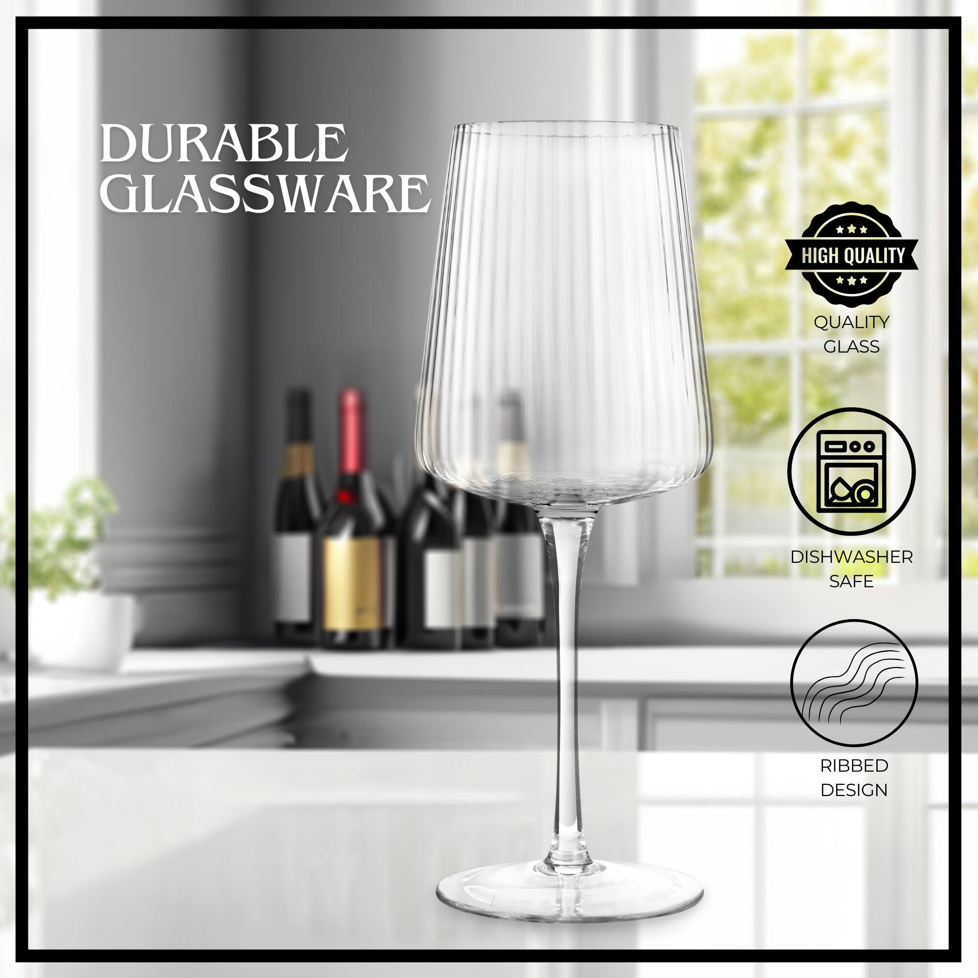 DURABLE GLASSWARE  
HIGH QUALITY  
QUALITY GLASS  
DISHWASHER SAFE  
RIBBED DESIGN