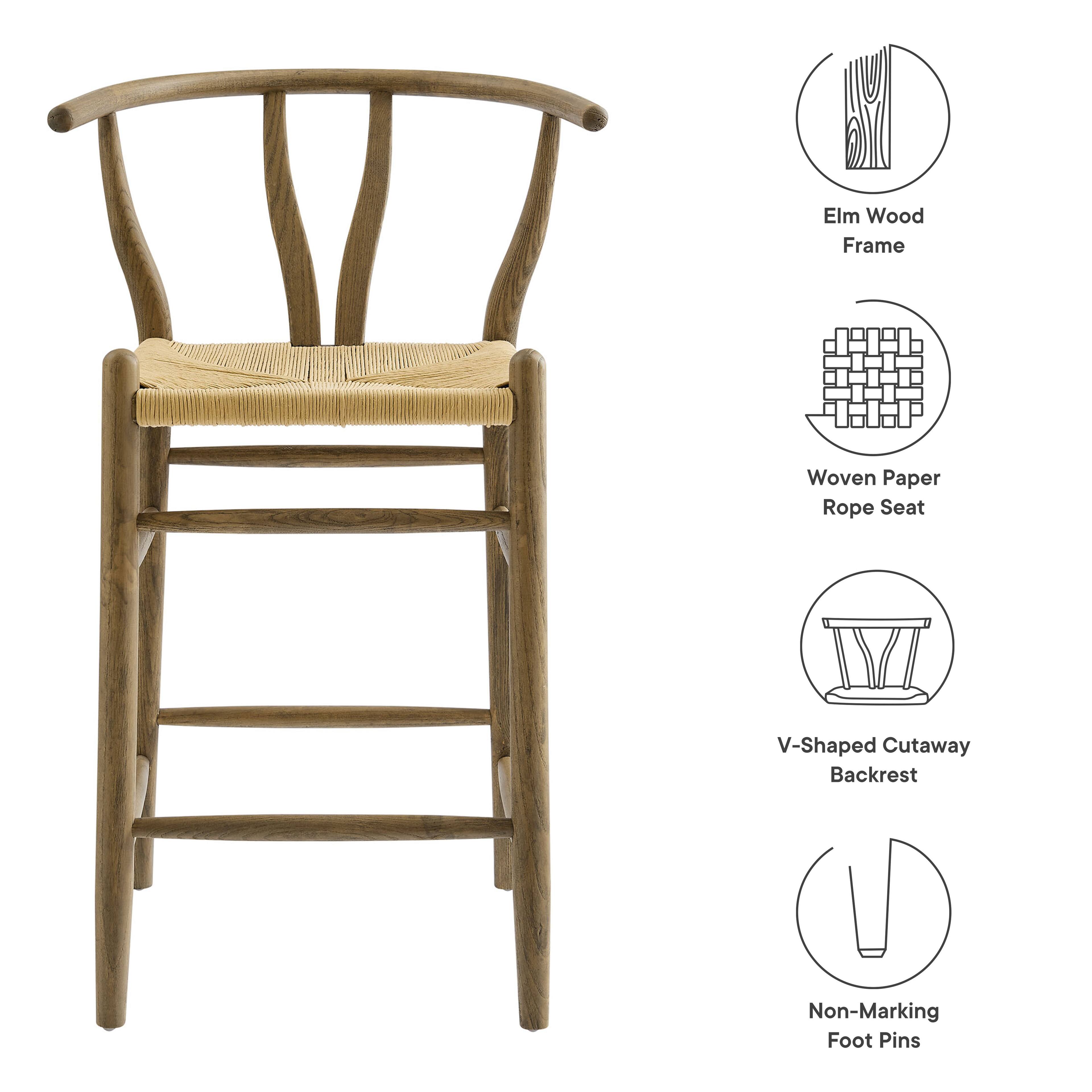 Elm Wood Frame  
Woven Paper Rope Seat  
V-Shaped Cutaway Backrest  
Non-Marking Foot Pins