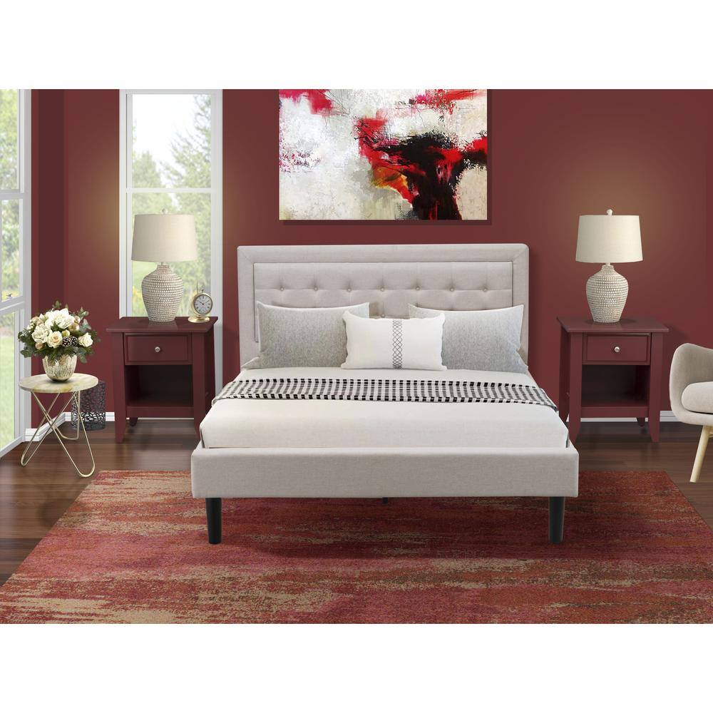 Alt View 4. East West Furniture - FN08Q-2GA13 3-Piece Fannin Bedroom Furniture Set with 1 Wingback Bed and 2 Bedroom Nightstands - Mist Beige Linen Fabric - Mist Beige.