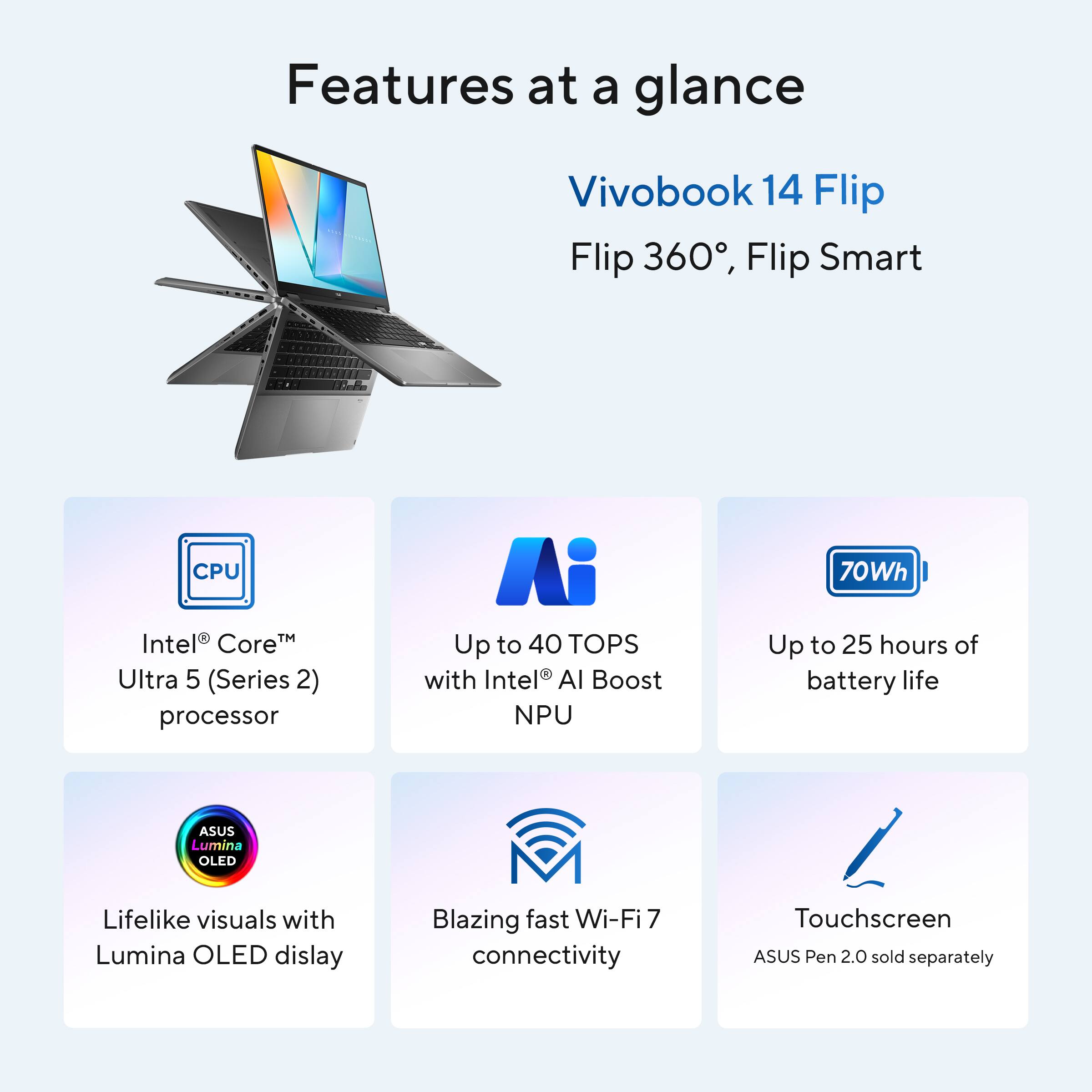 Features at a glance:

* Vivobook 14 Flip Flip 360, Flip Smart
* CPU: Intel CoreM Ultra 5 (Series 2) processor
* Ai: Up to 40 TOPS with Intel Al Boost NPU
* Battery life: Up to 25 hours
* Display: Lumina OLED for lifelike visuals
* Connectivity: Blazing fast Wi-Fi7
* Touchscreen: ASUS Pen 2.0 (sold separately)