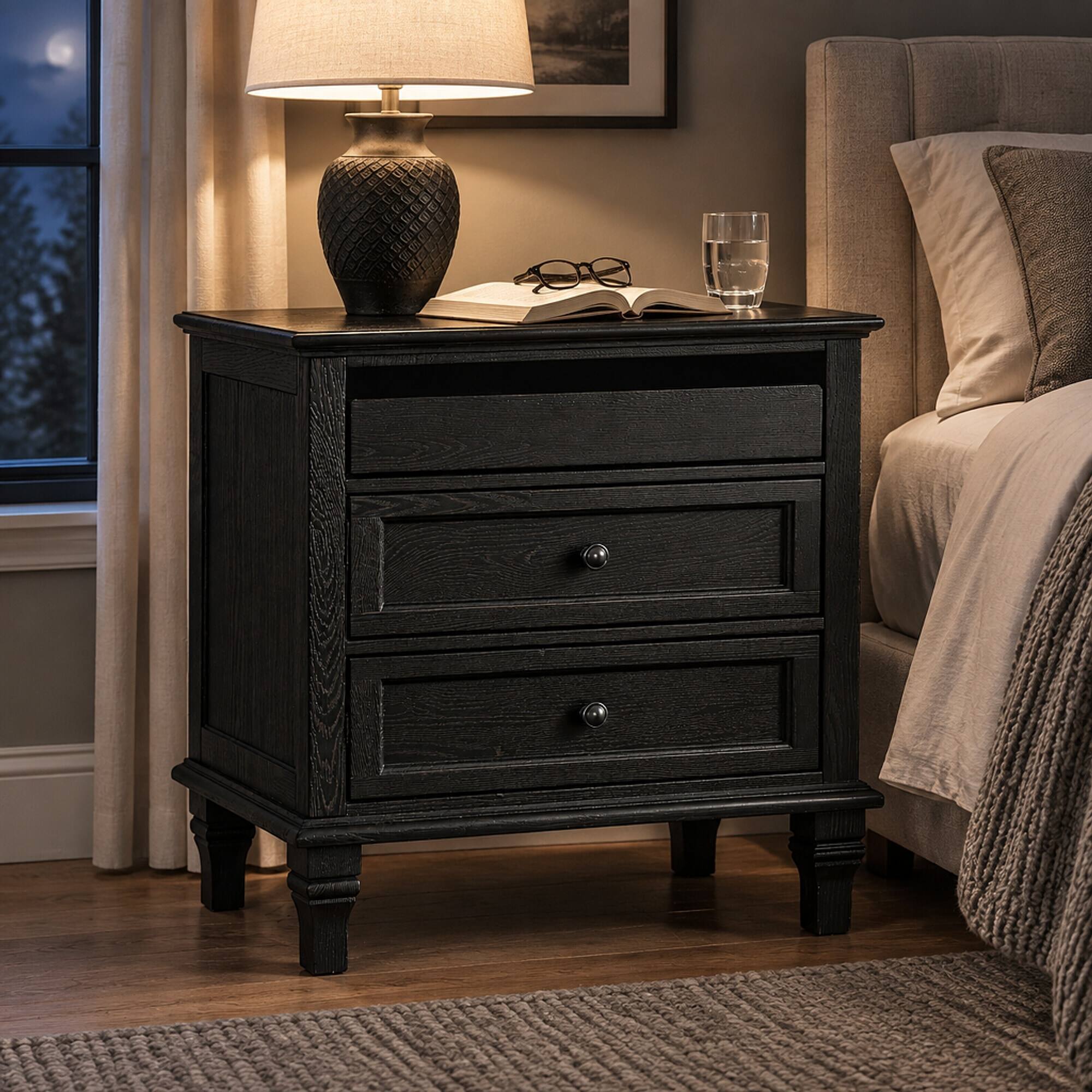 Back. RYHNUYNE - 28 in Wood Nightstand, Farmhouse Bedside Table, 3 Drawers, Charging Station, USB and Type-C Ports, Oak Finish - Black.