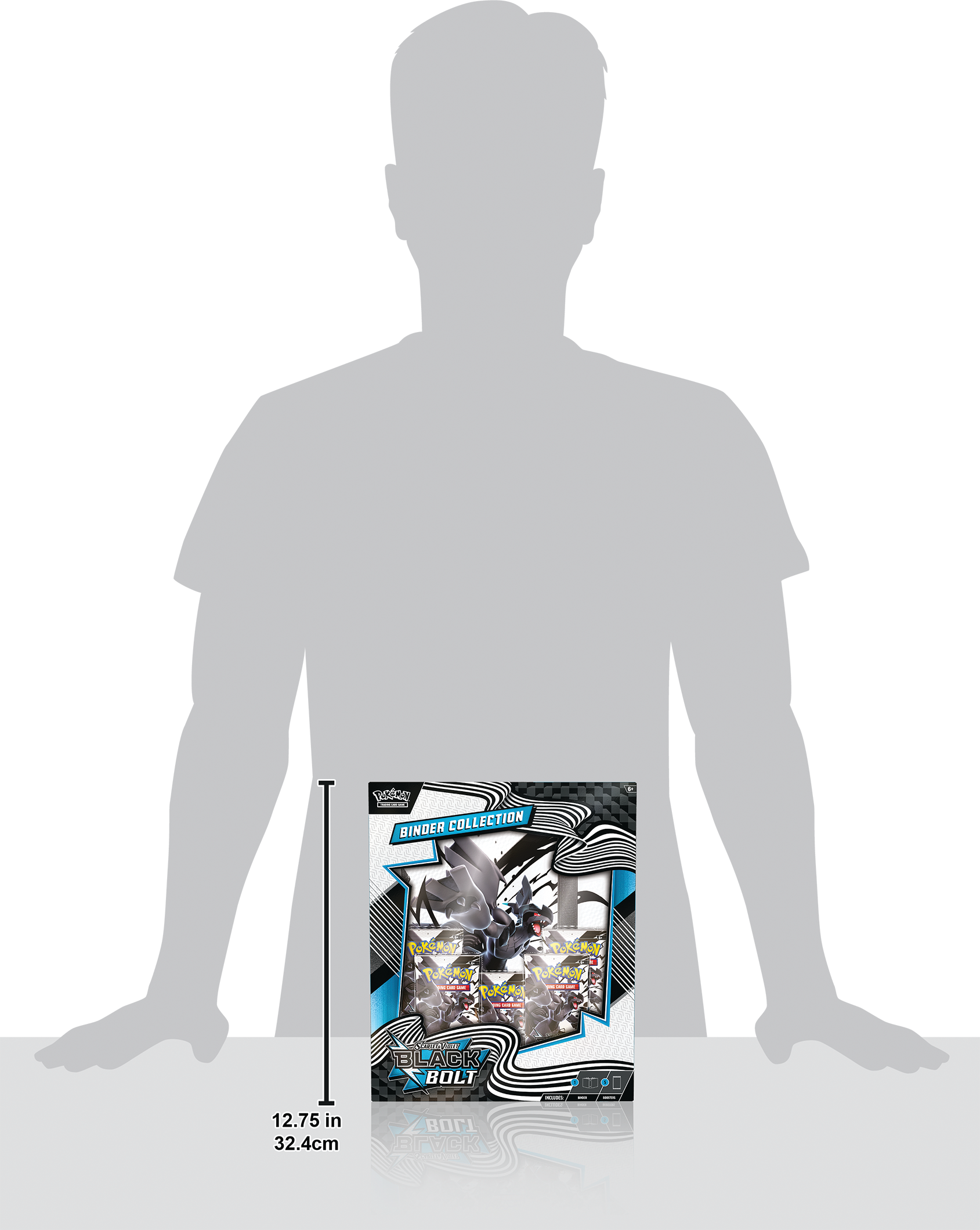 The image shows a man's shadow on a white background. The shadow is standing next to a Pokemon binder, which is 12.75 inches (32.4 cm) tall. The binder is designed to hold Pokemon cards and is part of the Pokemon TCG collection.