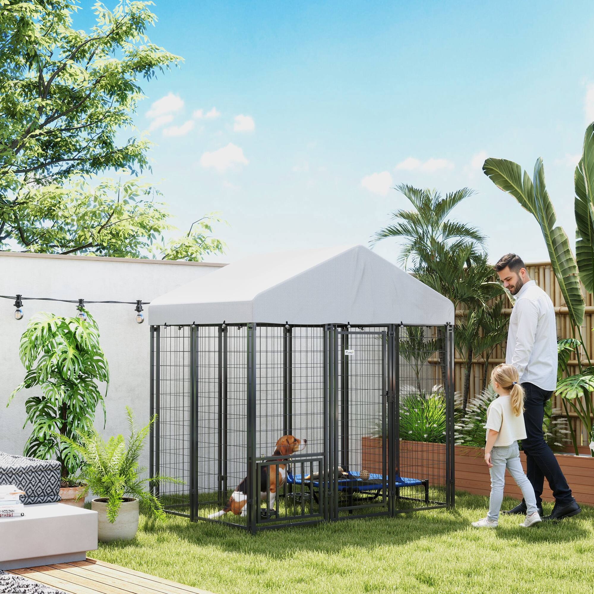 Angle. Pawhut - 5.9'x4'x6' Outdoor Dog Kennel, Welded Wire Run, 360° Rotating 4 Level Bowls, Waterproof Cover, S&M Dogs.