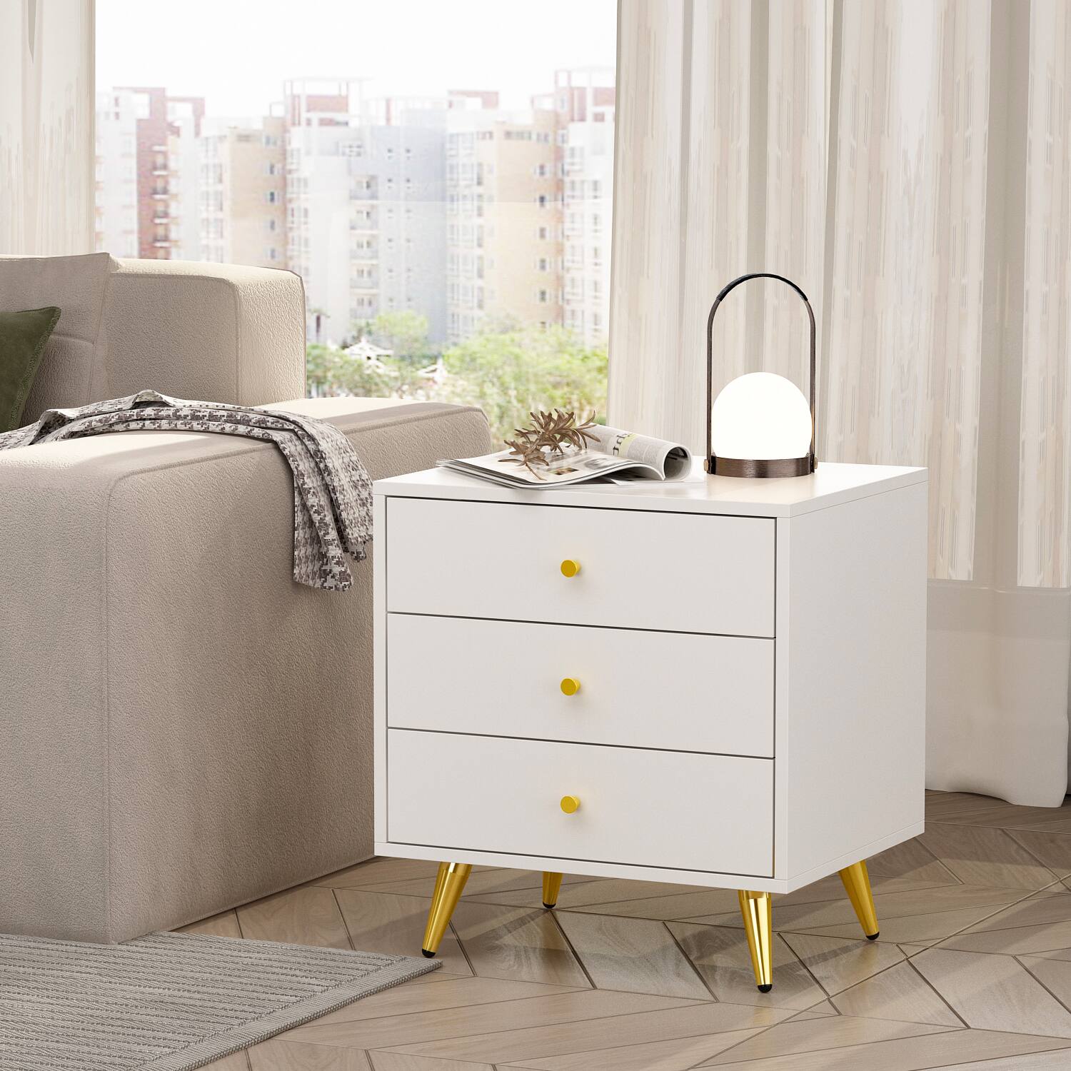 Alt View 1. FUFU & GAGA - FUFU&GAGA Modern Nightstand with Gold Accents: 3 - Drawer Bedroom Organizer - White.