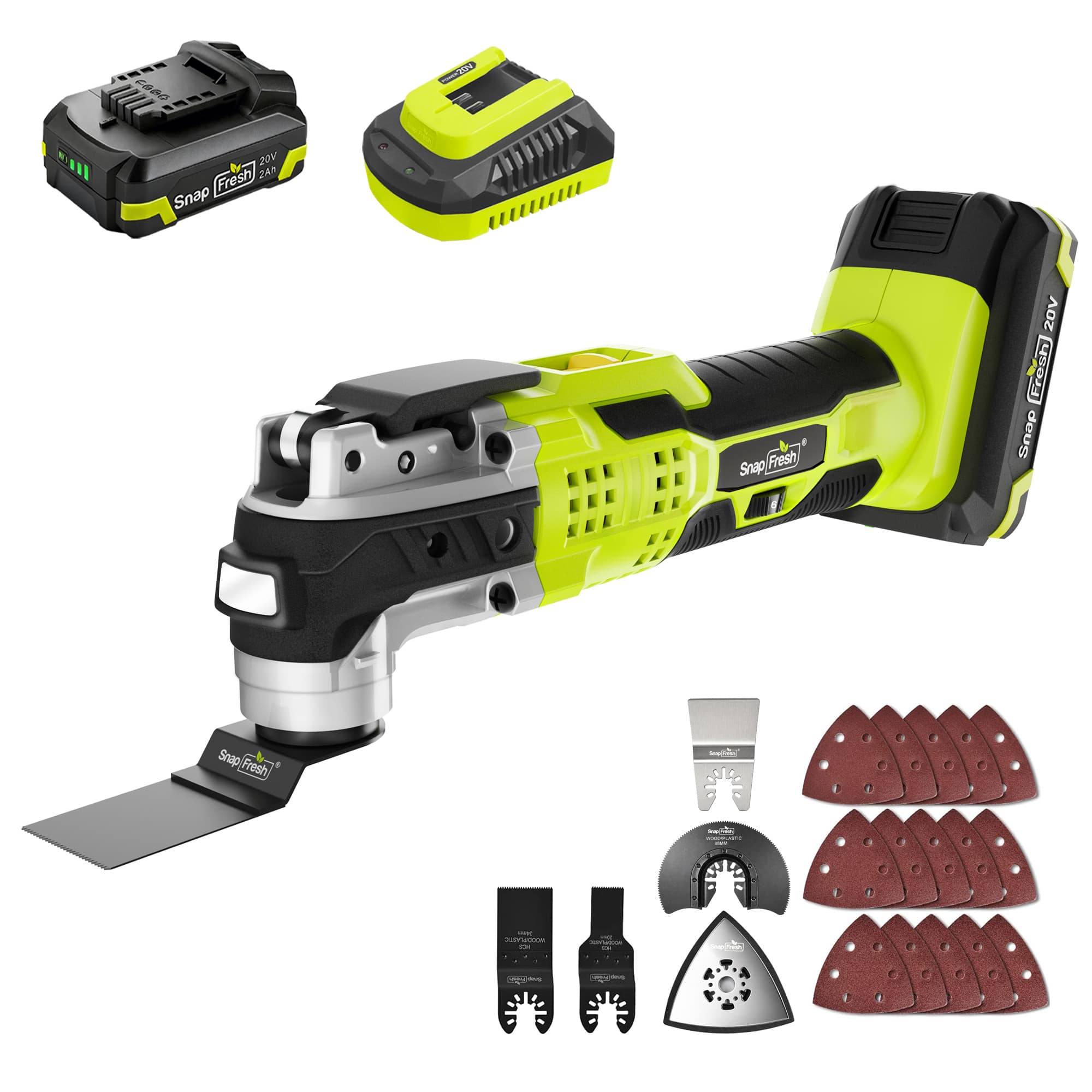 SnapFresh - 20V Cordless Oscillating Multi-Tool, 6-Speed, 3.2° Oscillation Angle, 2.0Ah Battery, Charger, and 22-Accessory - Green price history on PriceWatchPro