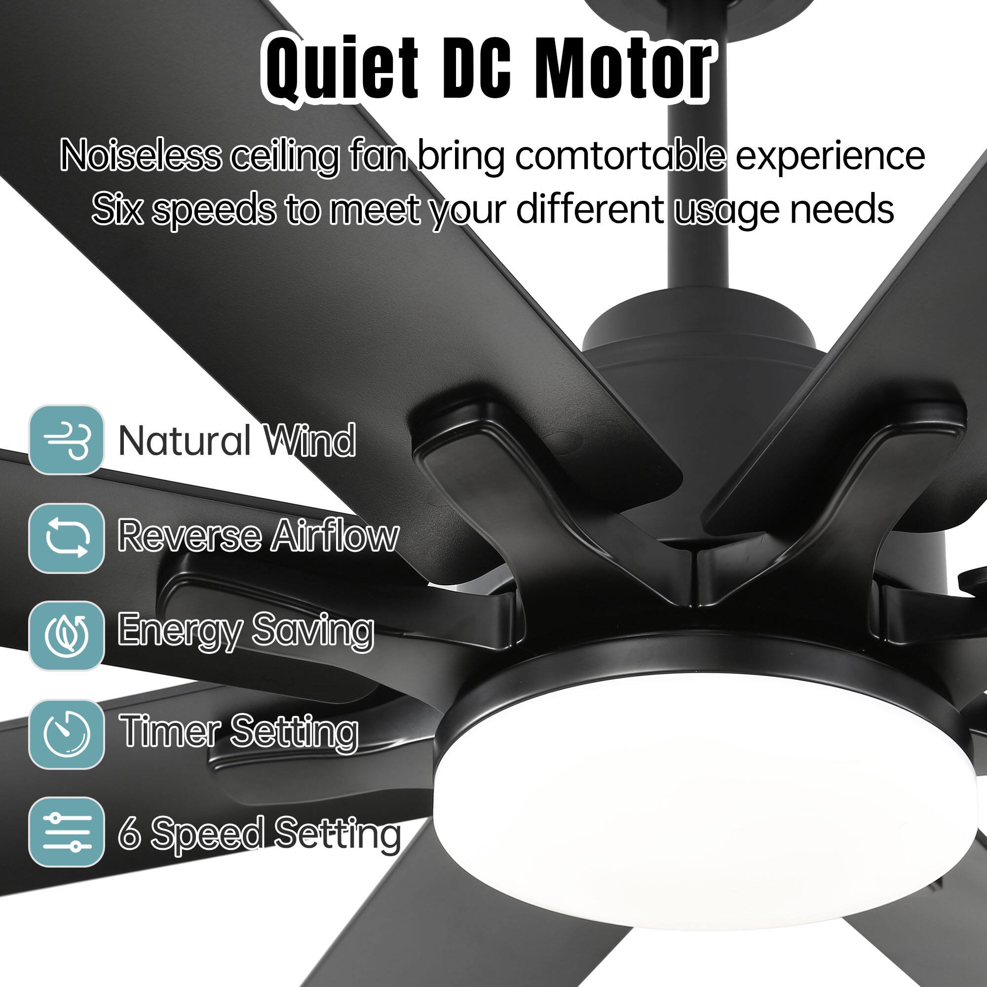 Quiet DC Motor

Noiseless ceiling fan brings comfortable experience. Six speeds to meet your different usage needs.

- Natural Wind
- Reverse Airflow
- Energy Saving
- Timer Setting
- 6 Speed Setting