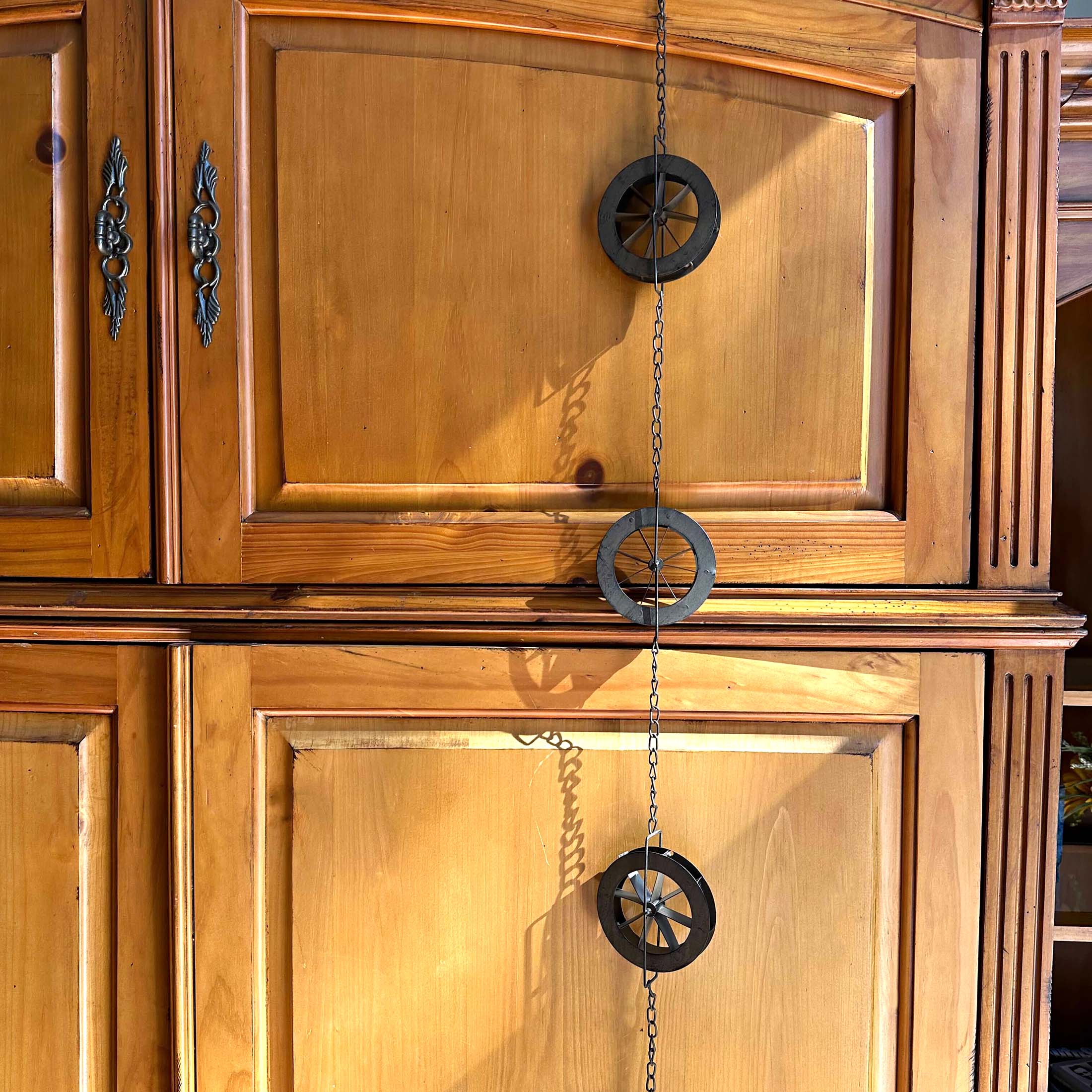 Alt View 5. Things2Die4 - 78-Inch Metal Rain Chain - 6 Water Wheels & Weighted Bell, Rustic Brown Finish - Brown.