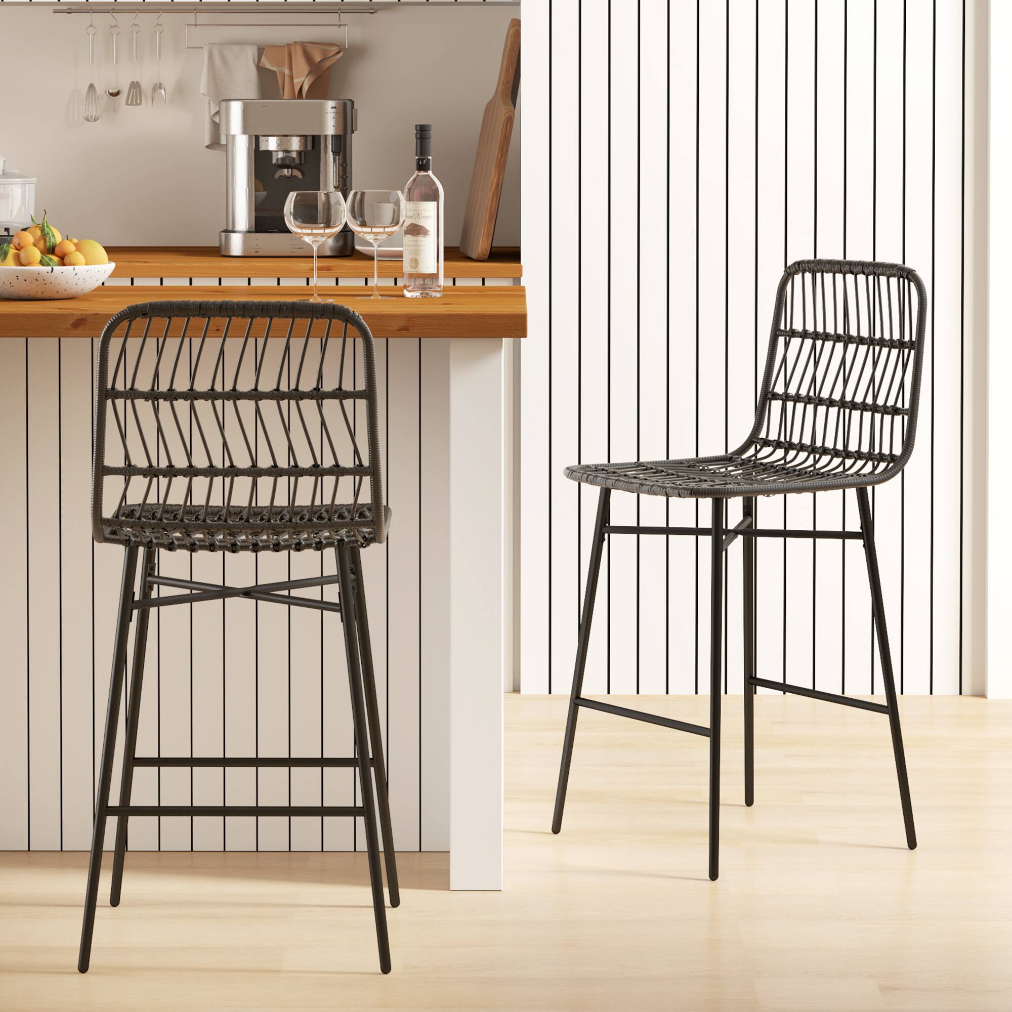 Alt View 7. Homcom - Rattan Counter Height Bar Stools Set of 2, 26" Wicker Barstools with Back, Modern Bar Chairs for Kitchen Island - Black.