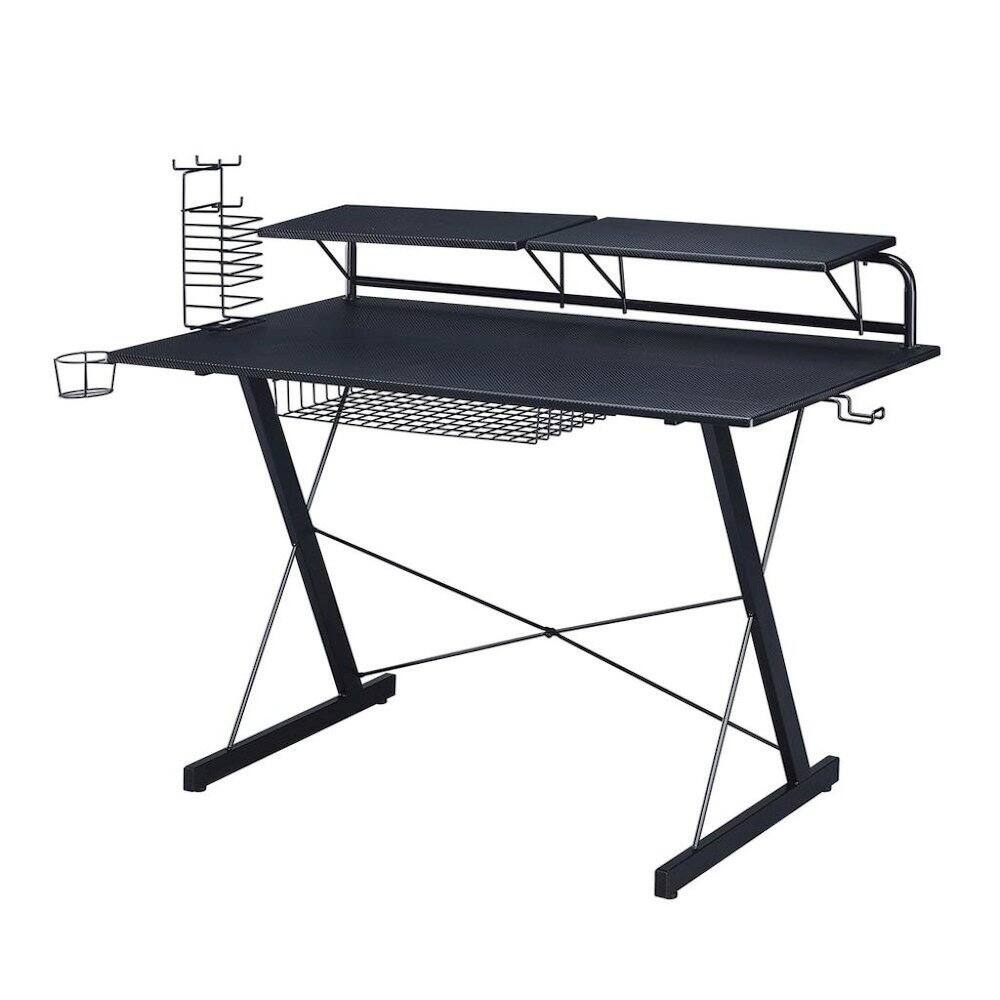 Front. FurniFact - Black Gaming Table With Storage Tray - Black.