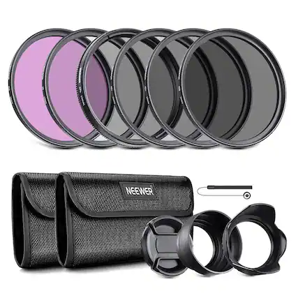 Front. Neewer - 52mm 8-in-1 Lens Filter Kit: UV/CPL/FLD/ND2/4/8 + Hood & Cap, Universal - Black.