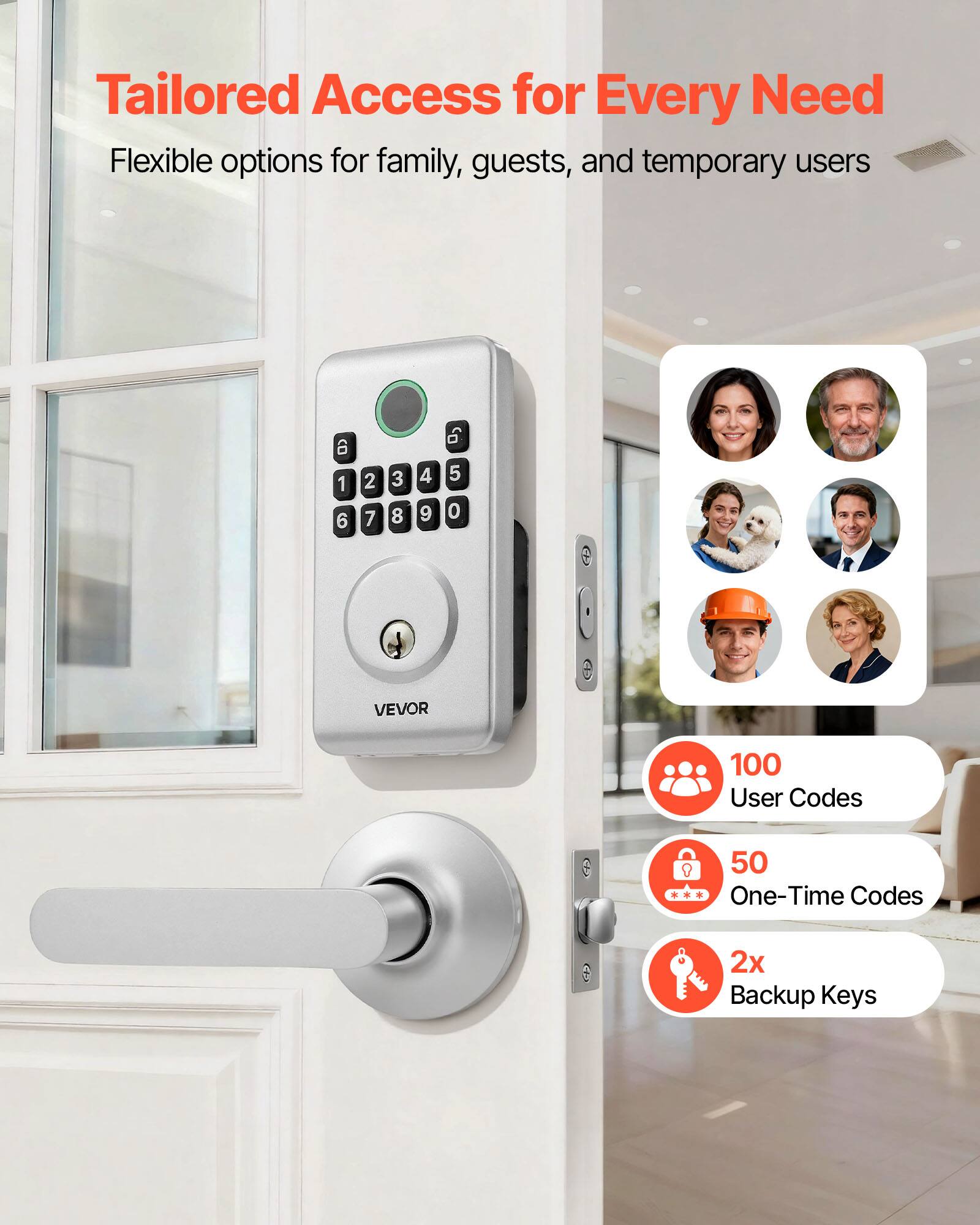 Tailored Access for Every Need  
Flexible options for family, guests, and temporary users  

100 User Codes  
50 One-Time Codes  
2x Backup Keys