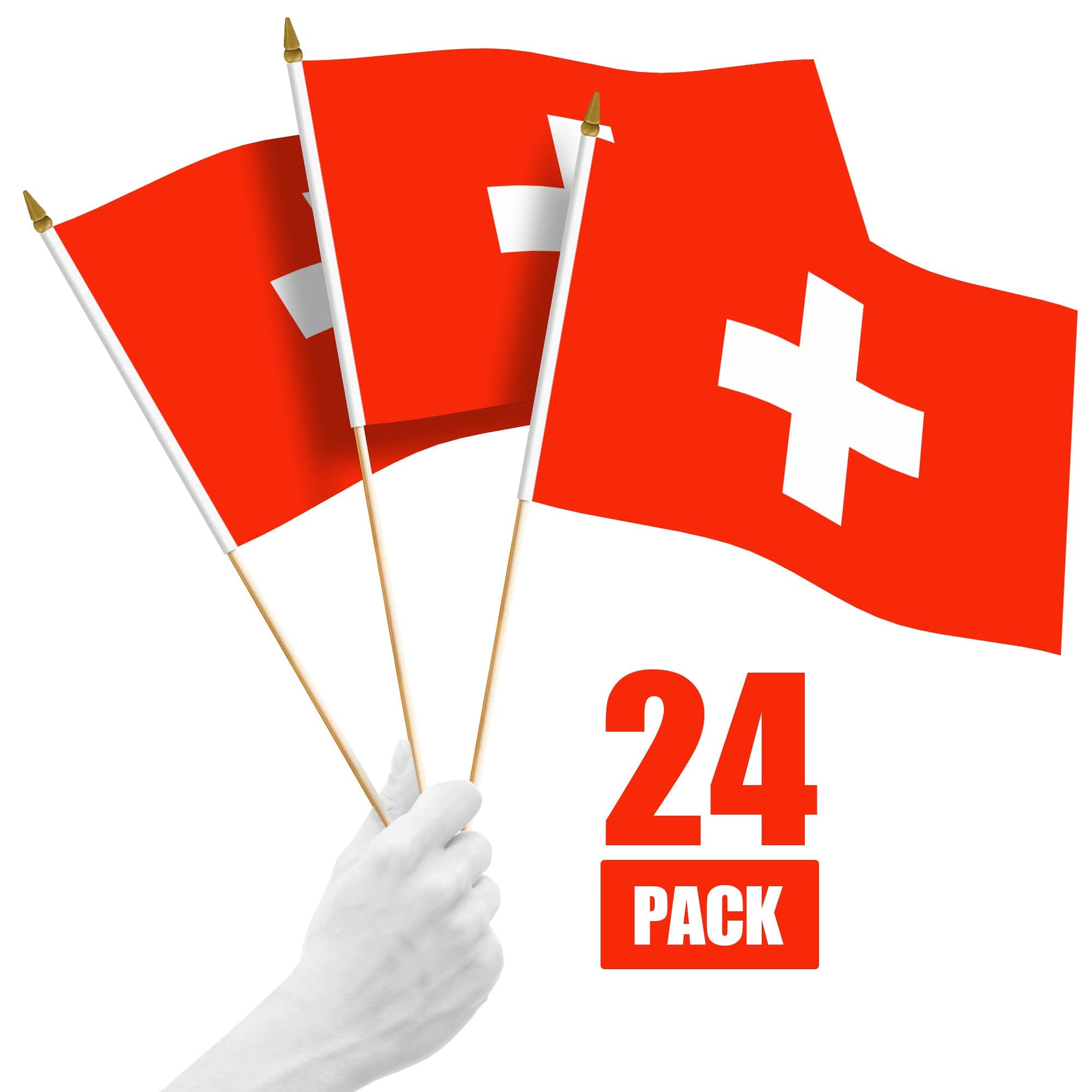 G128 - 24-Pack Handheld Switzerland Stick Flags, 12 x 18 in, 150D Polyester, Wooden Spear Tips - Assorted Colors
