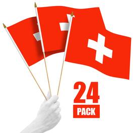 G128 - 24-Pack Handheld Switzerland Stick Flags, 12 x 18 in, 150D Polyester, Wooden Spear Tips - Assorted Colors
