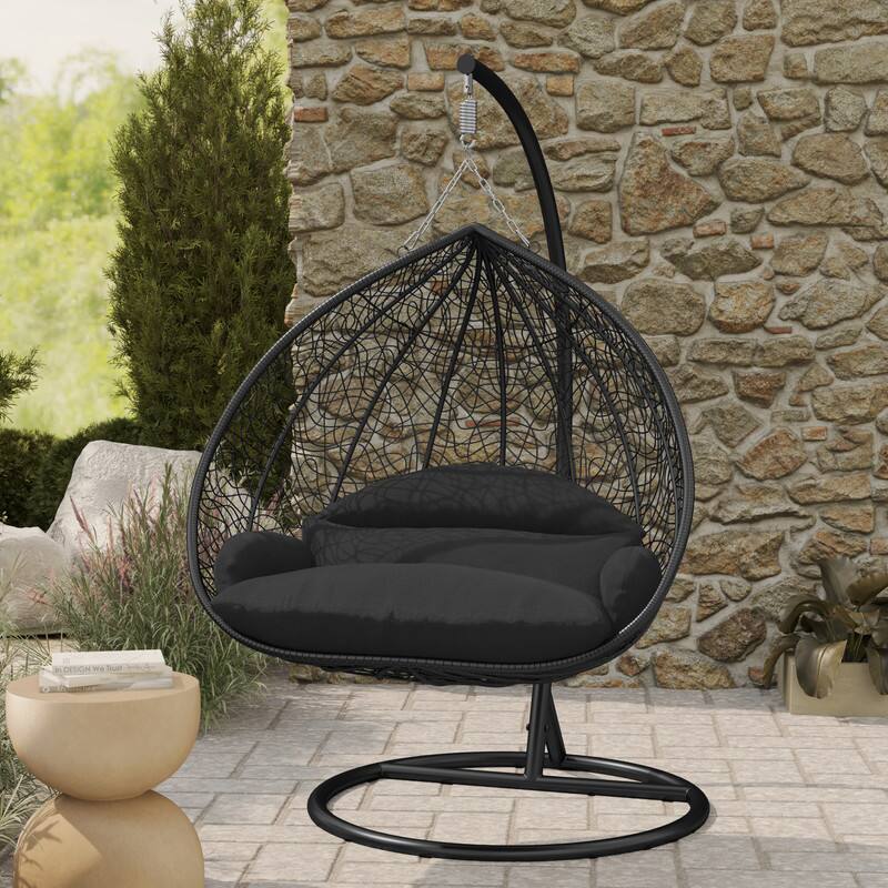 Left. LeisureMod - Recluse Modern Wicker Teardrop Hanging Egg Chair with Stand - Outdoor Indoor Swing Chair & Cushion - Black.
