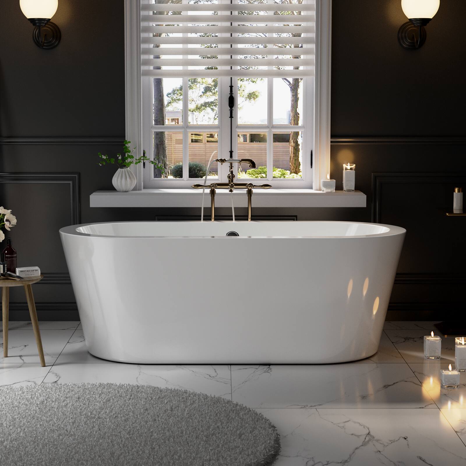 Angle. Empava - 59 in. x 31.5 in. Freestanding Flat Bottom Bath Tub Oval Soaking Bathtub with Center Drain - White.