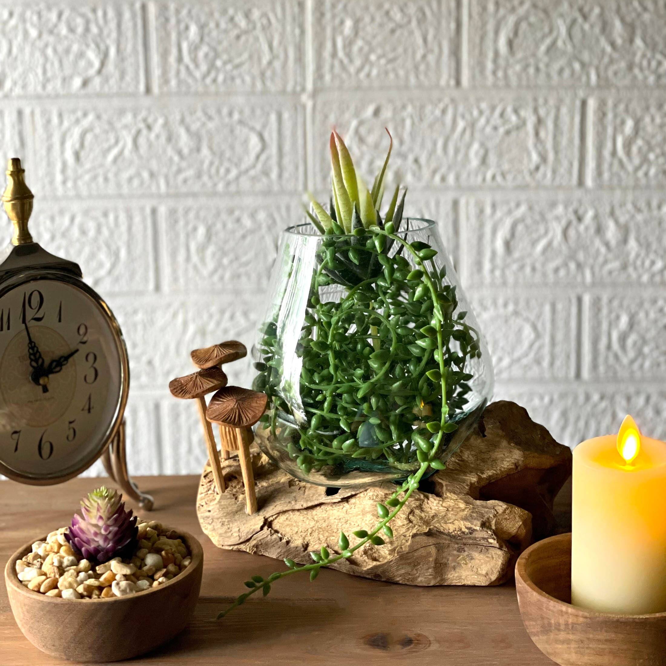 Alt View 4. Things2Die4 - Handcrafted Glass and Teak Vase with Wood Mushroom Embellishments, Rustic Accent - Brown.