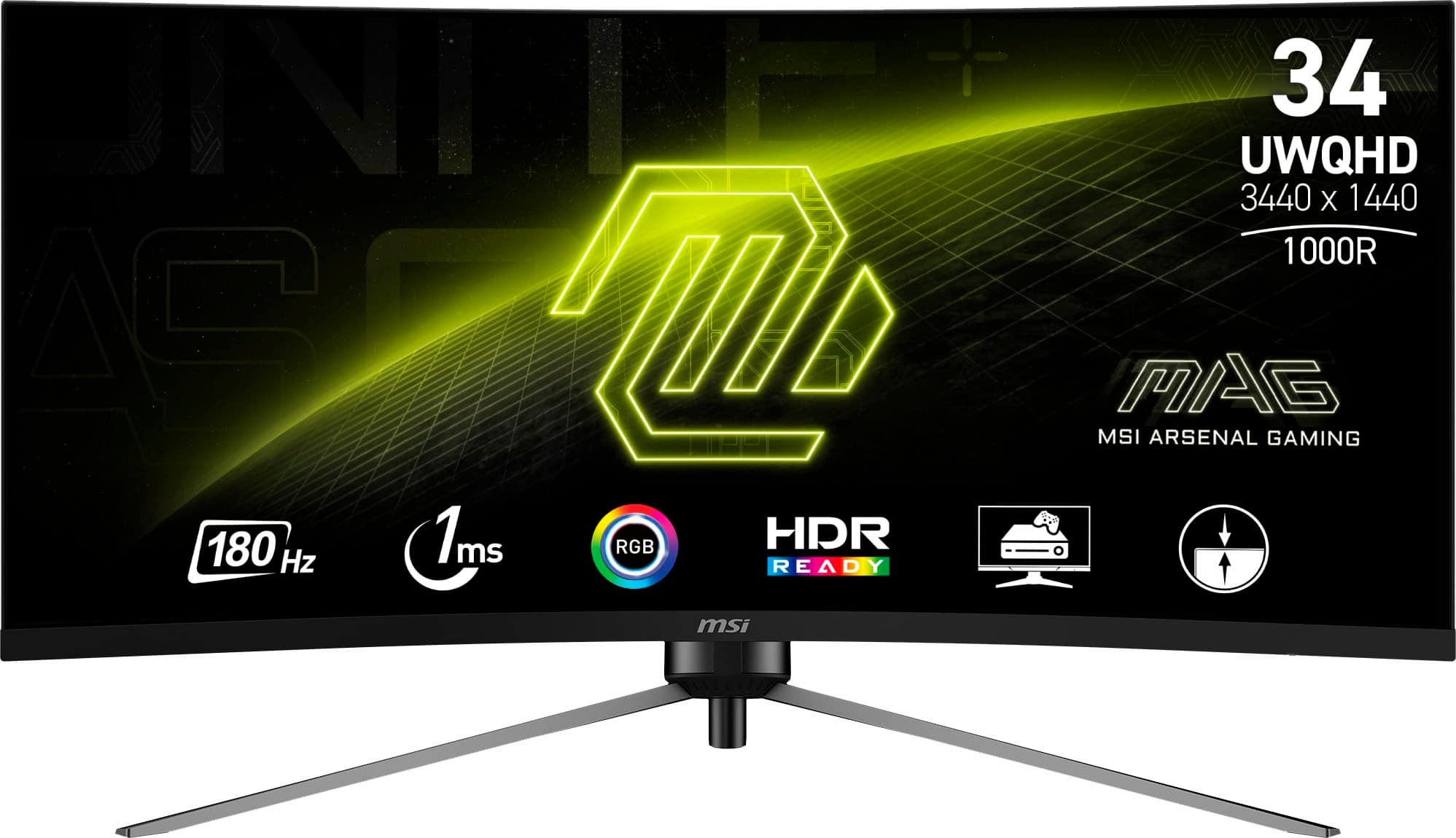 The text on the image is grouped and corrected as follows:
1. INLL L 19 C 180 1ms RGB HDR Hz ms READY msi 34 UWQHD 3440 X 1440 1000R MAG MSI ARSENAL GAMING.