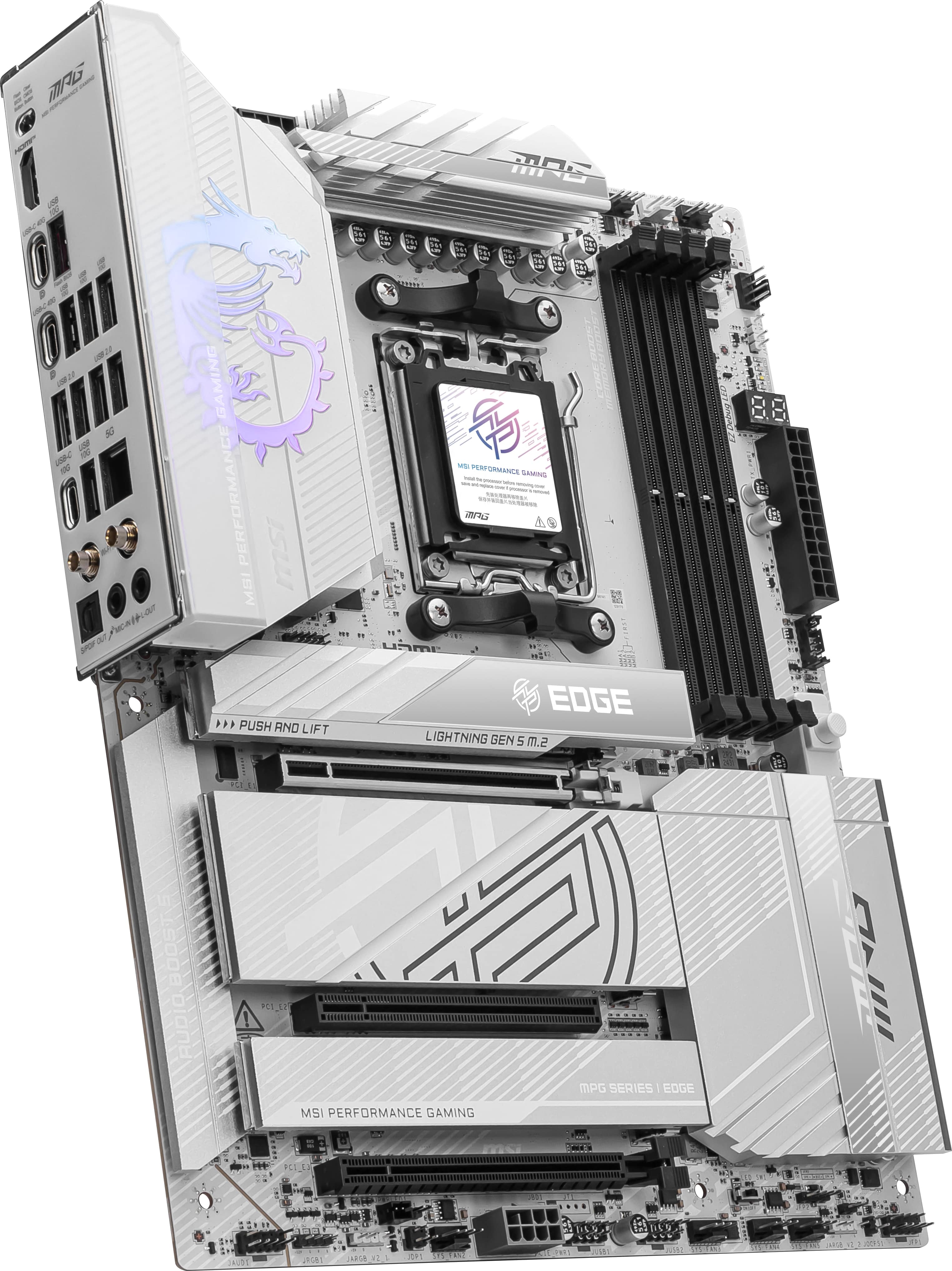 The text on the image reads: "GAMING PERFORMANCE MBI ... PUSH AND LIFT I CORG M PERTRMANES SAMING ar EDGE LIGHTNING GEN 5 m.2 PEL MPG SERIES : EOGE MSI PERFORMANCE GAMING T PLICA -3 DEO SAUBS JRAL JARGA 1 91 TTUN PRIS ARL 22201."