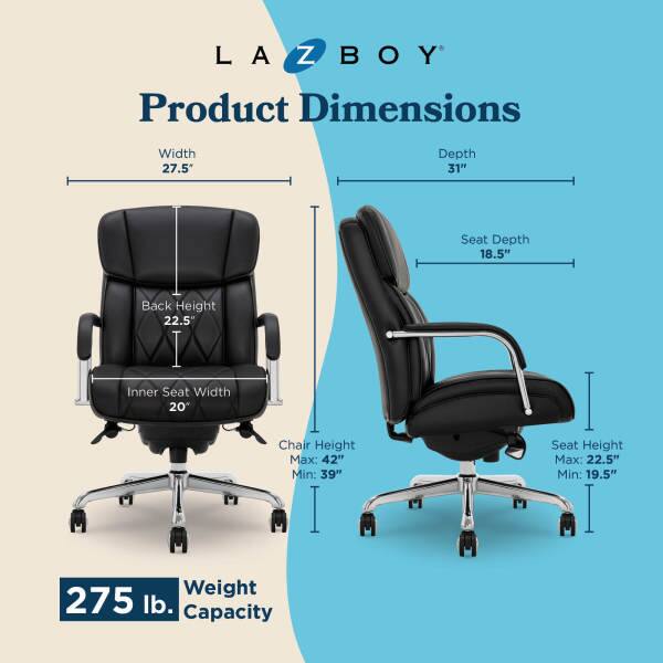 LA Z BOY Product Dimensions  
Width: 27.5"  
Depth: 31"  
Seat Depth: 18.5"  
Back Height: 22.5"  
Inner Seat Width: 20"  
Chair Height: Max: 42" Min: 39"  
Seat Height: Max: 22.5" Min: 19.5"  
Weight Capacity: 275 lb.