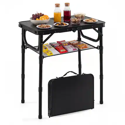 Front. Gymax - Gymax 2 FT Small Folding Camping Table w/3 Adjustable Heights Storage Net Carry Handle - Black.