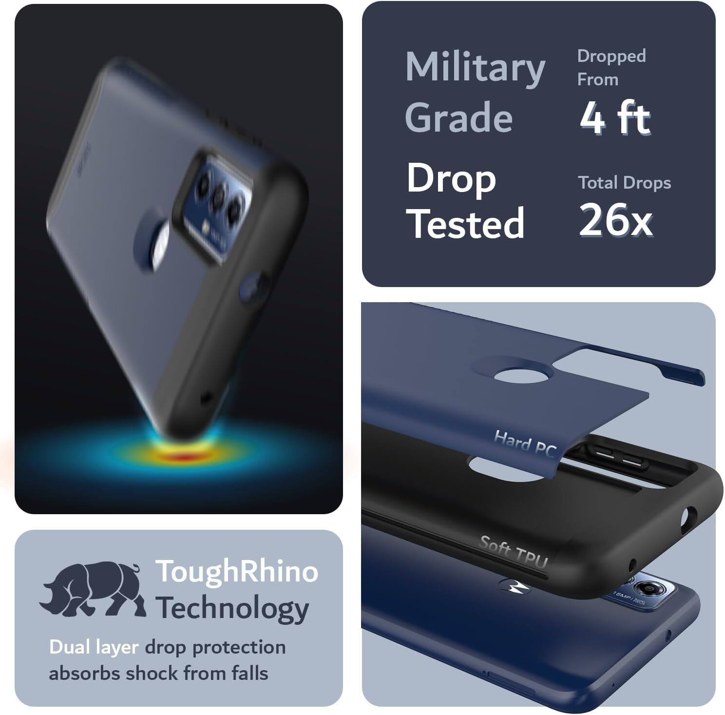 - Military Grade Drop Tested
- Dropped From 4 ft
- Total Drops Tested 26x
- ToughRhino Technology
- Dual layer drop protection absorbs shock from falls
- Hard PC
- Soft TPU