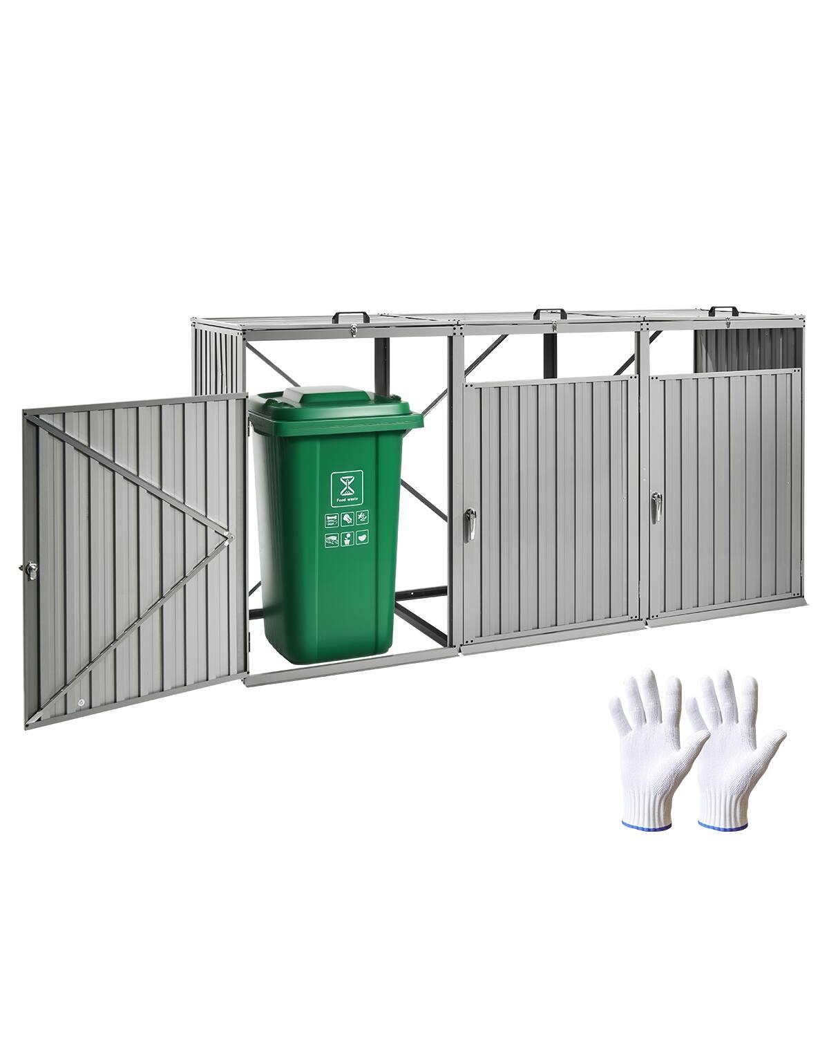 Front. VEVOR - Trash Can Storage, 3 x 52.79 Gal Trash Bin Storage Shed Outdoor, Galvanized Steel Horizontal Storage Cabinet Waterproof - Light Grey.