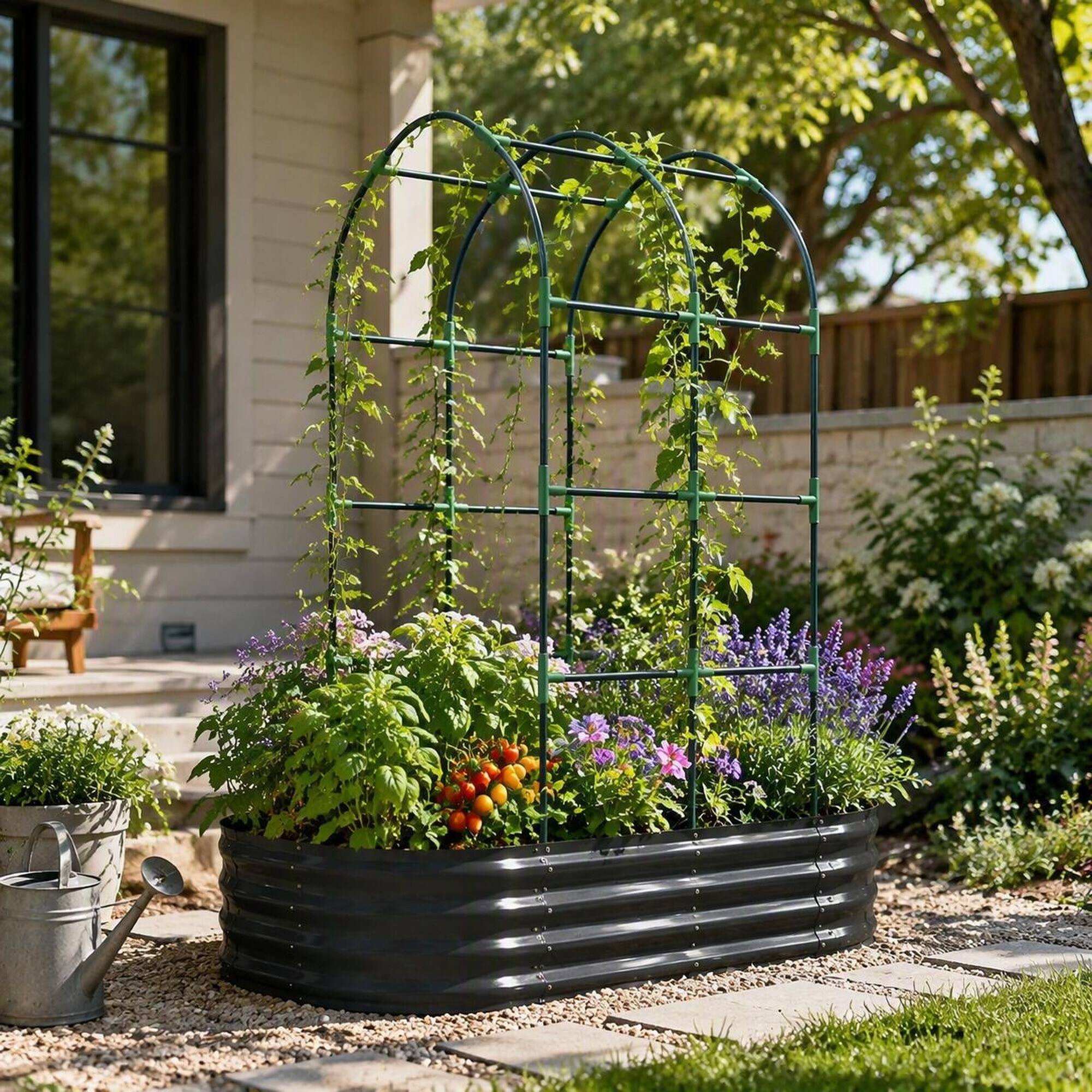 Left. RYHNUYNE - Raised Garden Bed with Arch Trellis, 112 Gallon Galvanized Metal Planter Box, Dark Gray Modular Oval or Round - Dark Gray.